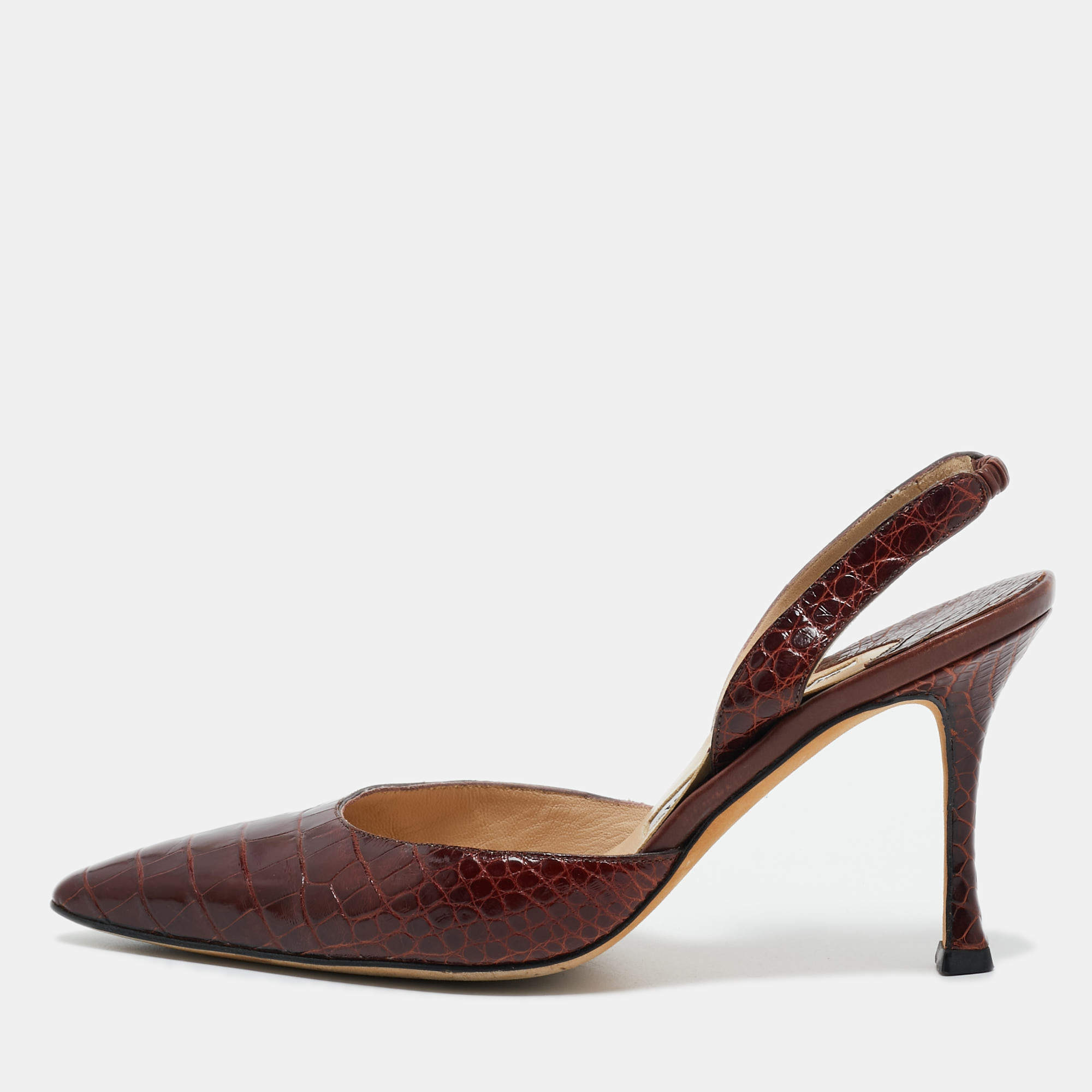 Manolo Blahnik Brown Croc Embossed Leather Slingback Pumps Size 35.5