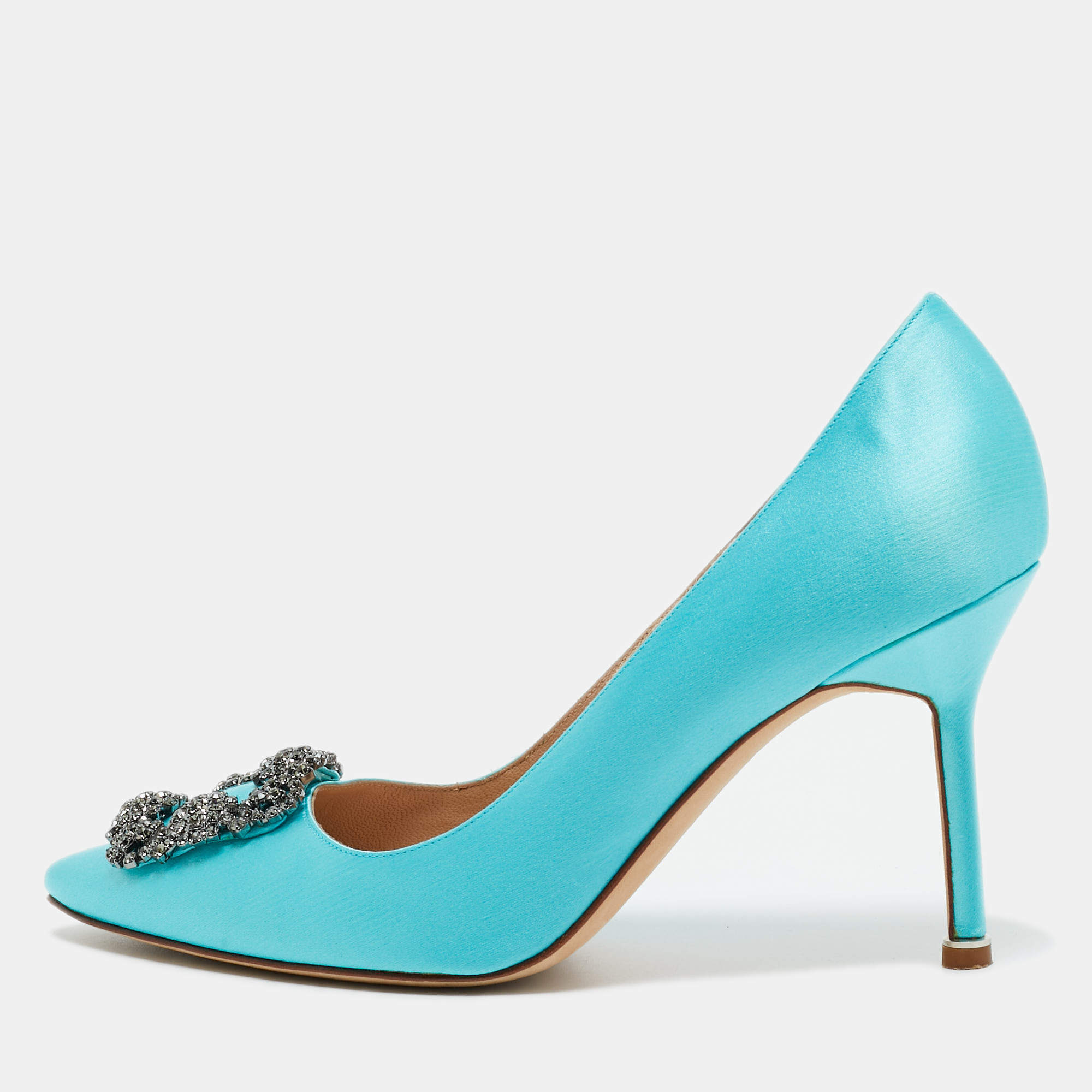 Pre Owned Manolo Blahnik Blue Satin Hangisi Pumps Size 38.5