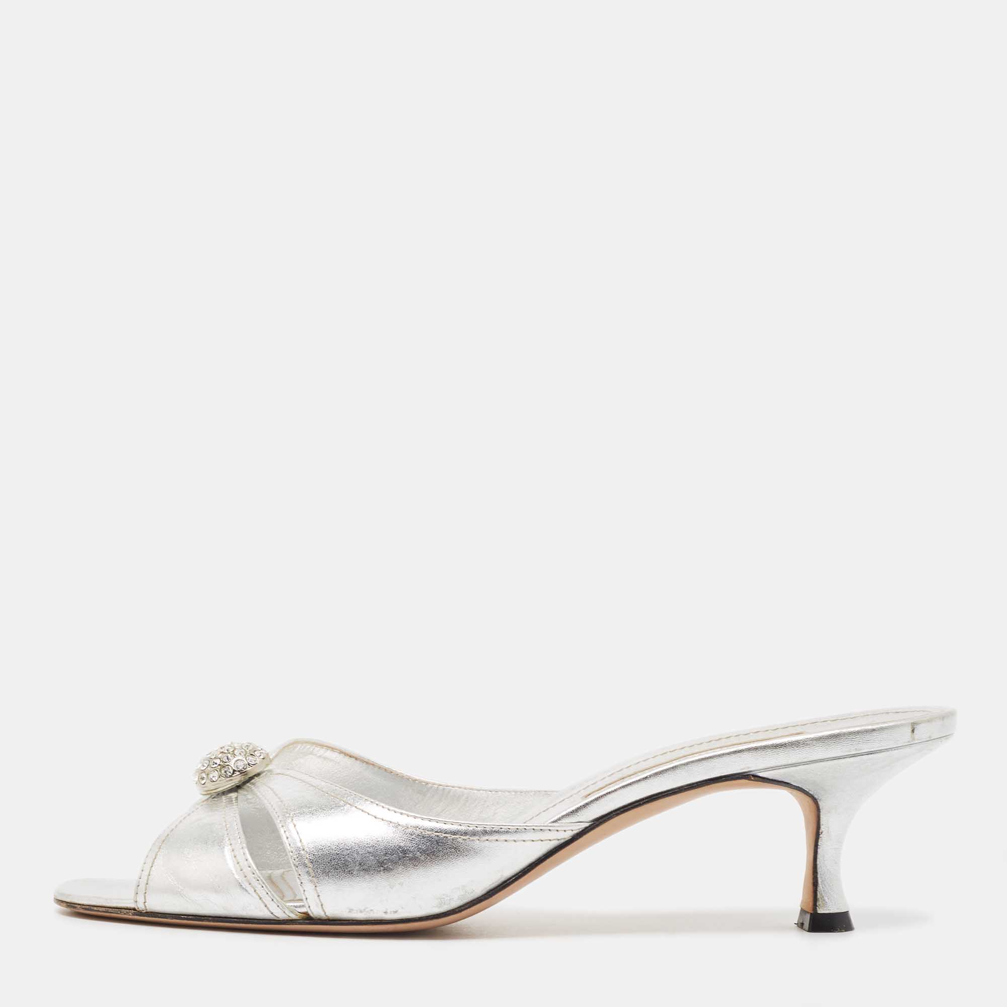 Manolo Blahnik Metallic Silver Leather Crystal Embellished Slide Sandals Size 42