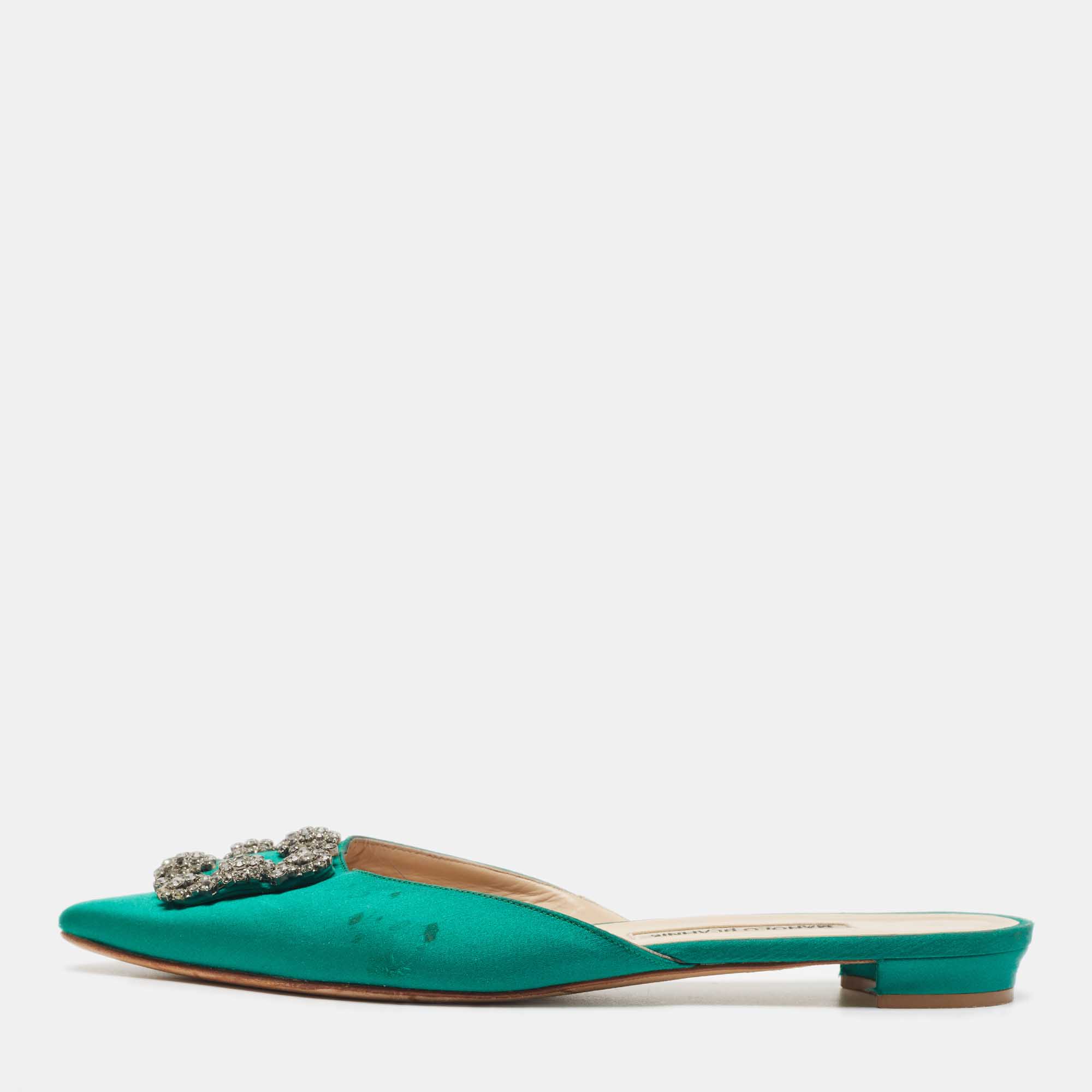 Pre Owned Manolo Blahnik Green Satin Hangisi Flat Mules Size 39