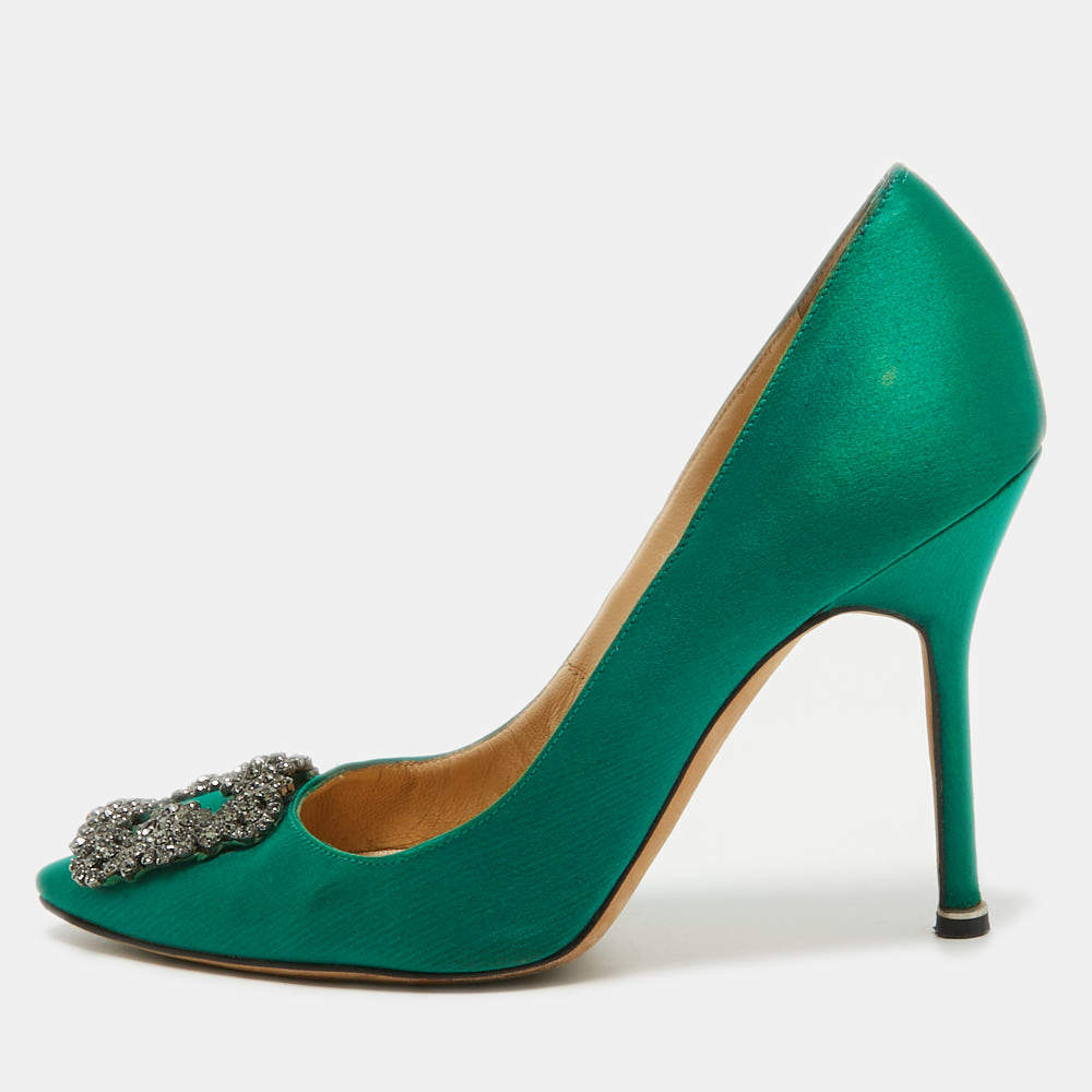 Pre Owned Manolo Blahnik Green Satin Hangisi Pumps Size 38