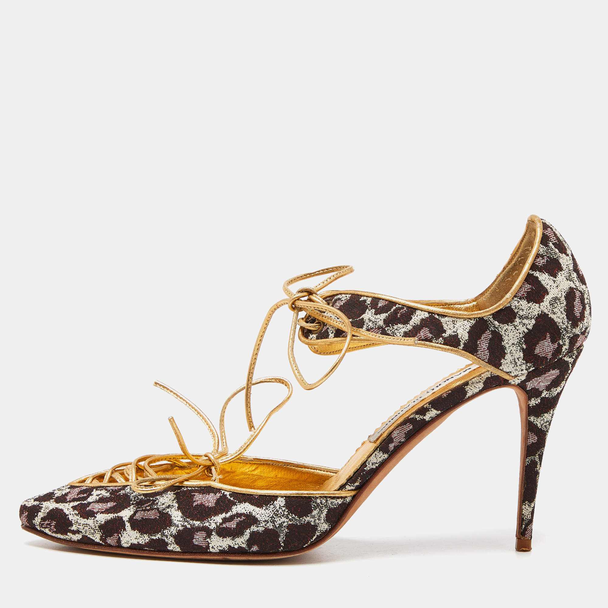 Manolo Blahnik Multicolor Brown/Gold Brocade Fabric and Leather Lace Up Pointed Toe Pumps Size 40