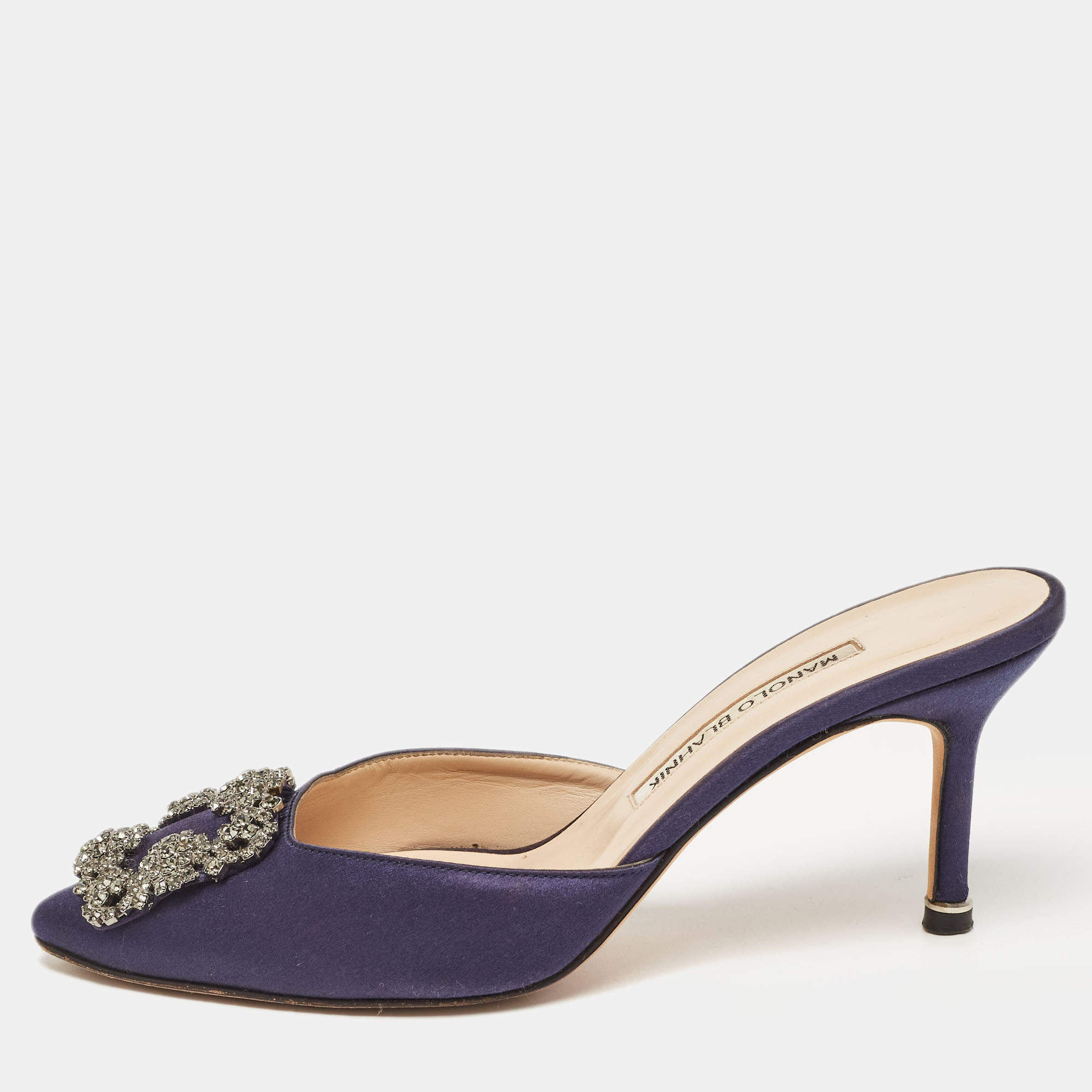 Pre Owned Manolo Blahnik Navy Blue Satin Hangisimu Mules Size 36.5
