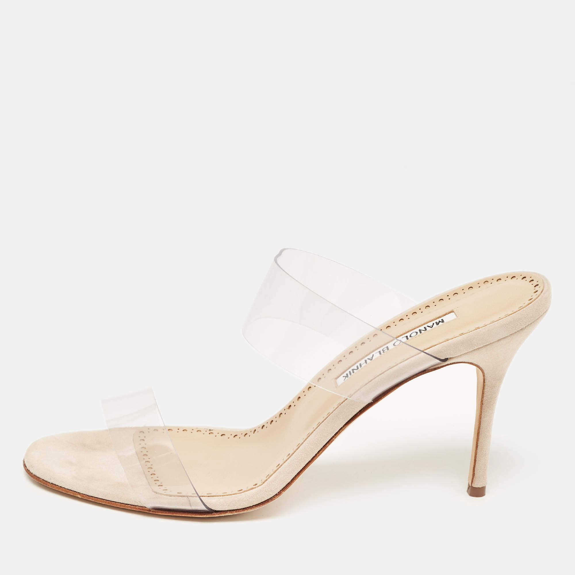 Pre Owned Manolo Blahnik Transparent PVC and Suede Open Toe Slide Sandals Size 40