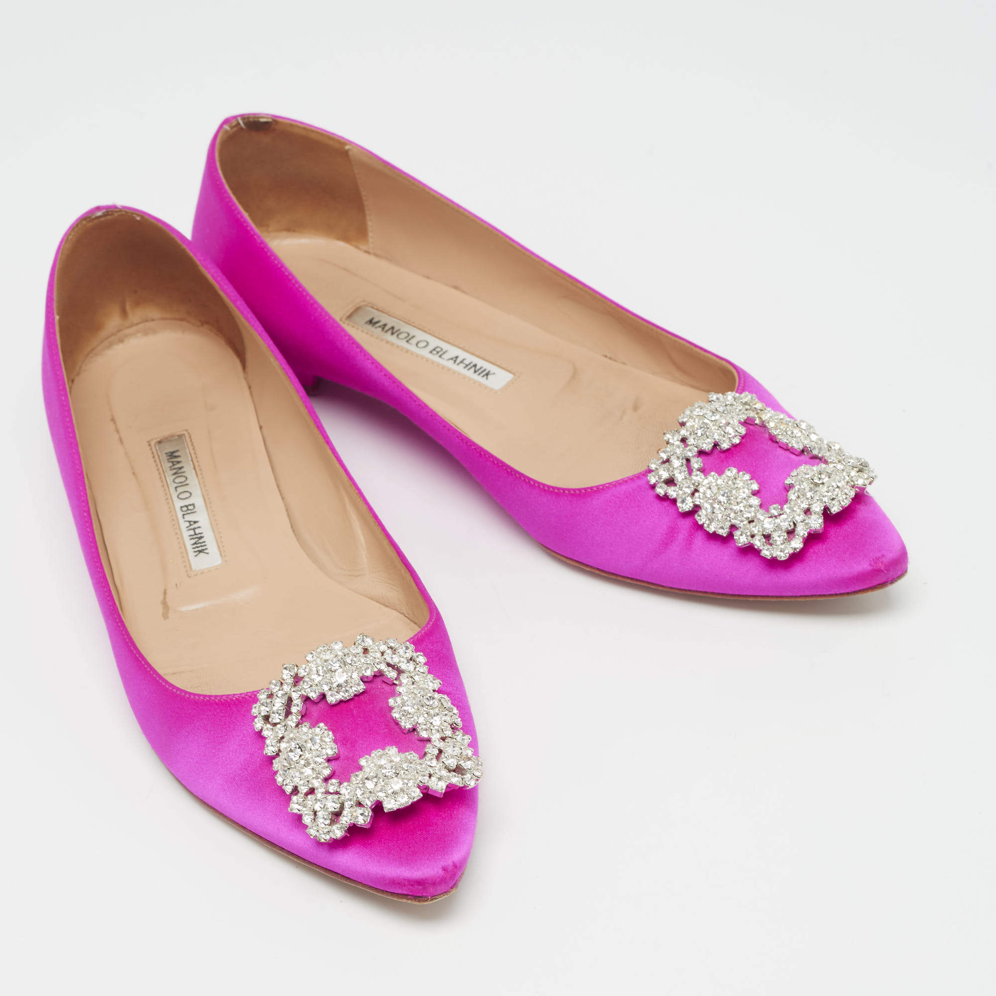 Pre Owned Manolo Blahnik Pink Satin Hangisi Ballet Flats Size 39