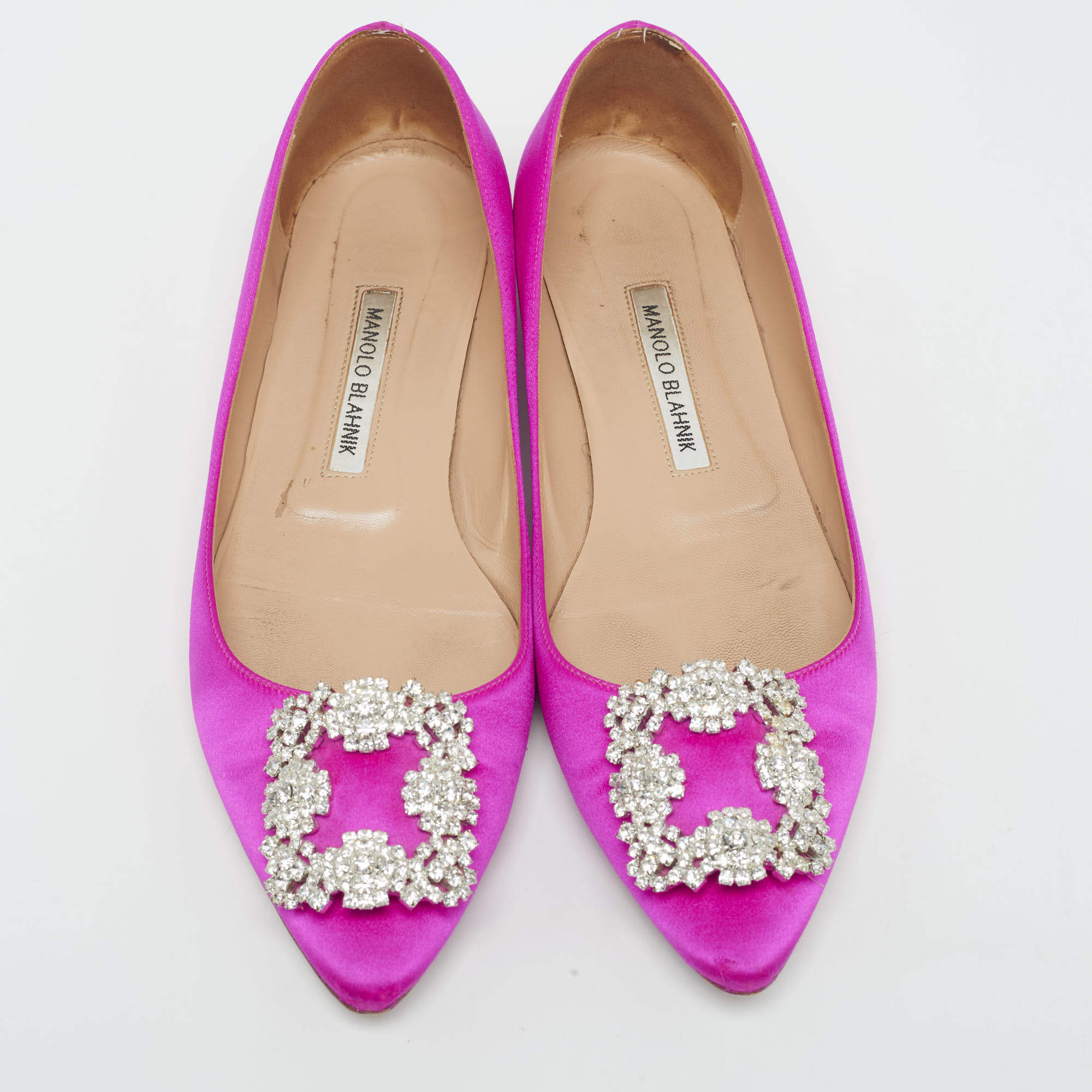 Pre Owned Manolo Blahnik Pink Satin Hangisi Ballet Flats Size 39