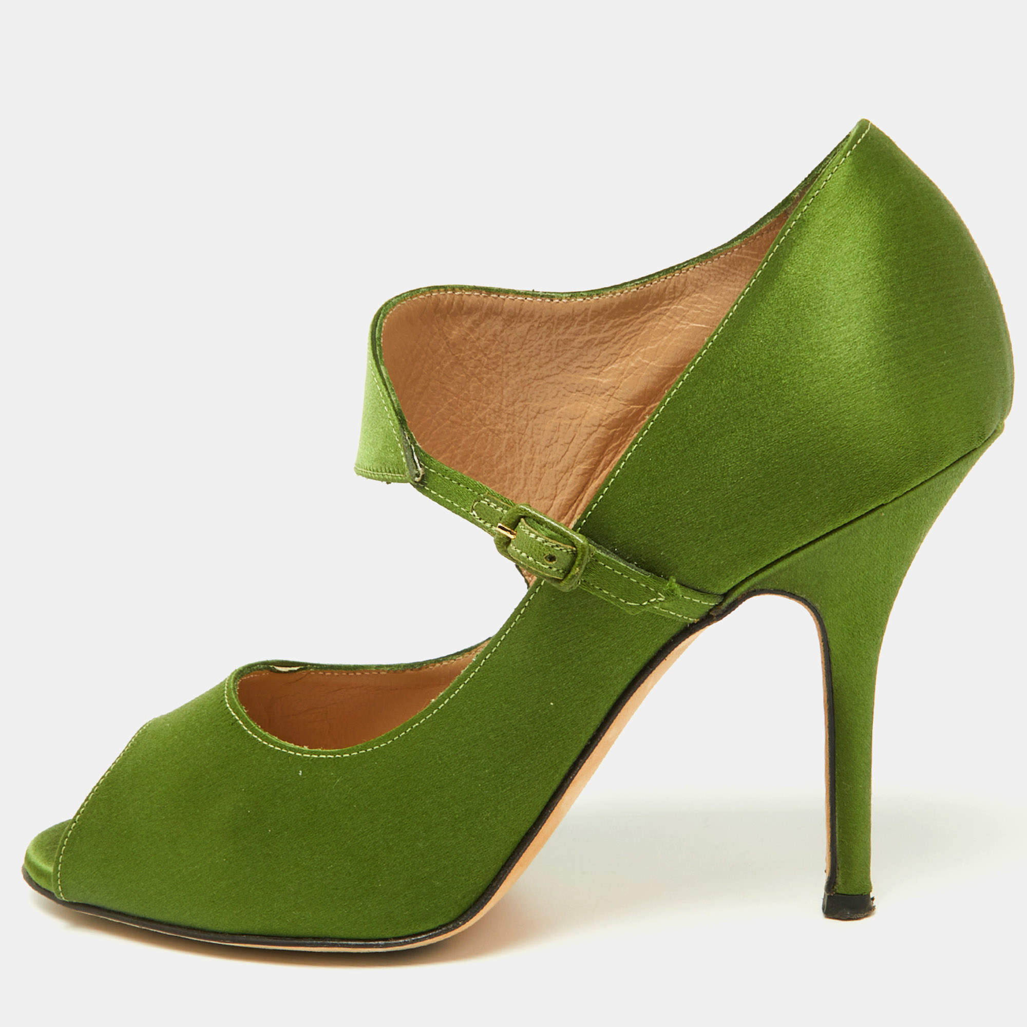 Pre Owned Manolo Blahnik Green Satin Mary Jane Peep Toe Pumps Size 37.5