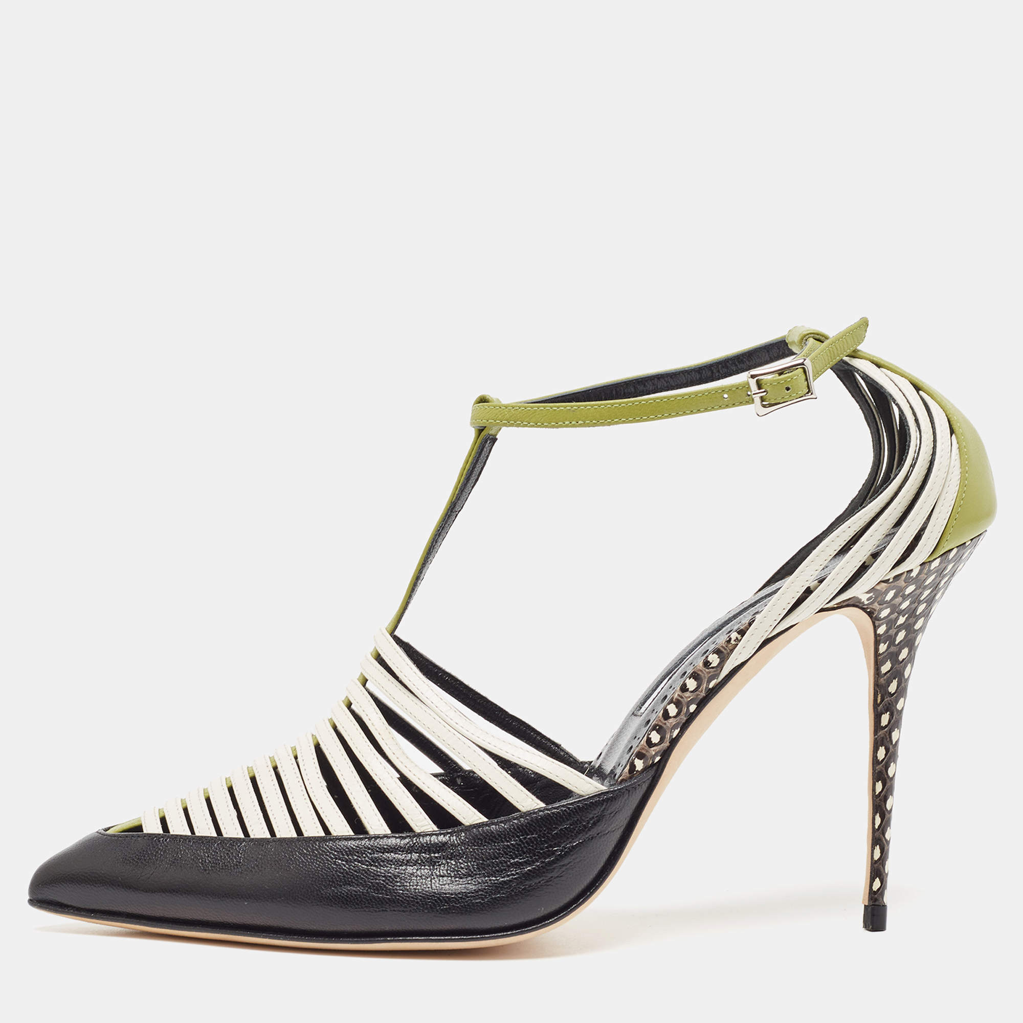 Pre Owned Manolo Blahnik Multicolor Watersnake and Leather Strappy Sandals Size 39.5