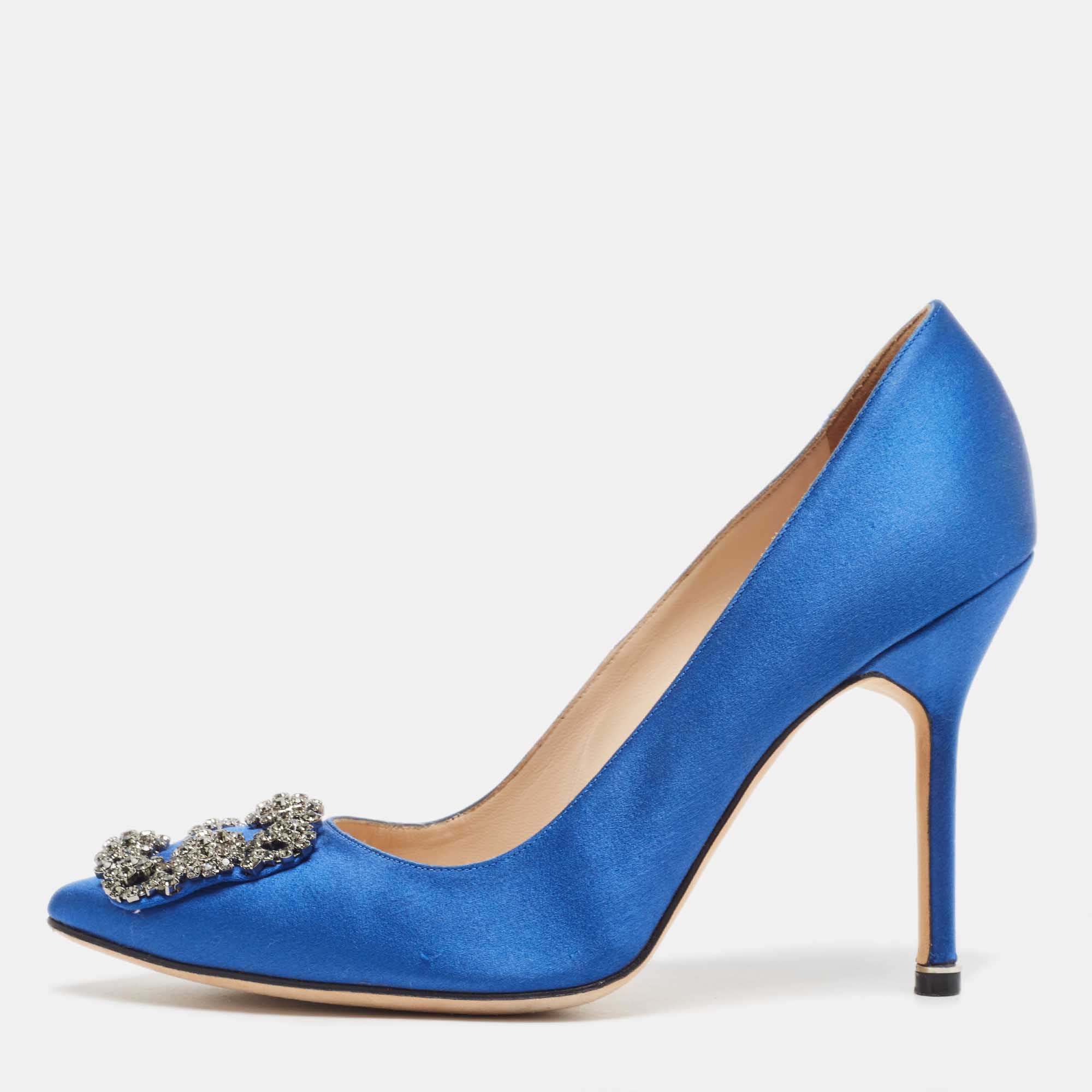 Pre Owned Manolo Blahnik Blue Satin Hangisi Pumps Size 38