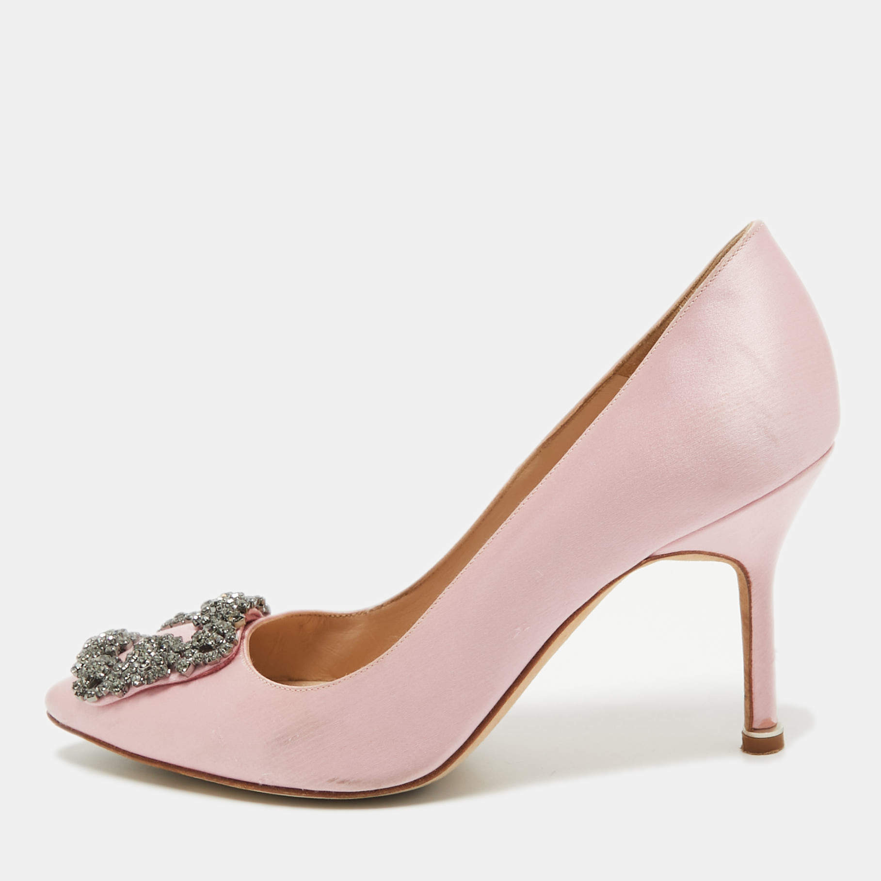 Pre Owned Manolo Blahnik Pink Satin Hangisi Pumps Size 35.5
