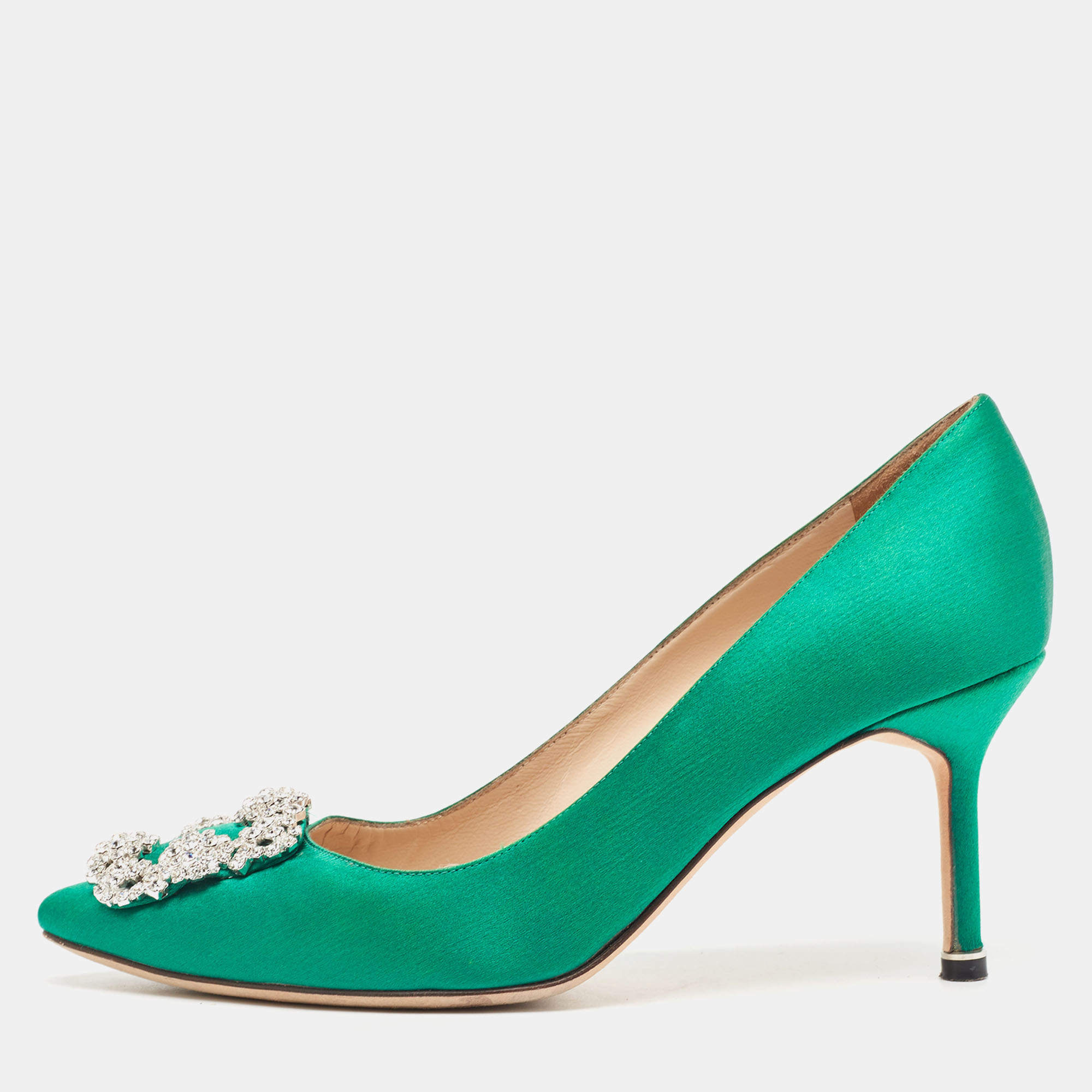 Pre Owned Manolo Blahnik Green Satin Hangisi Pumps Size 38