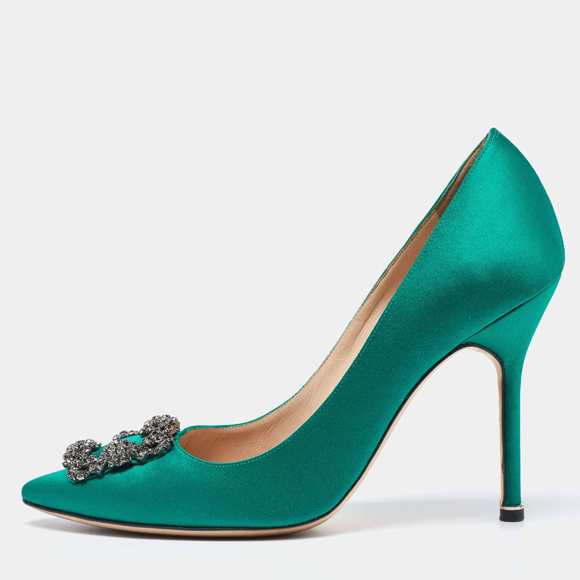 Pre Owned Manolo Blahnik Green Satin Hangisi Crystal Embellished Pumps Size 40