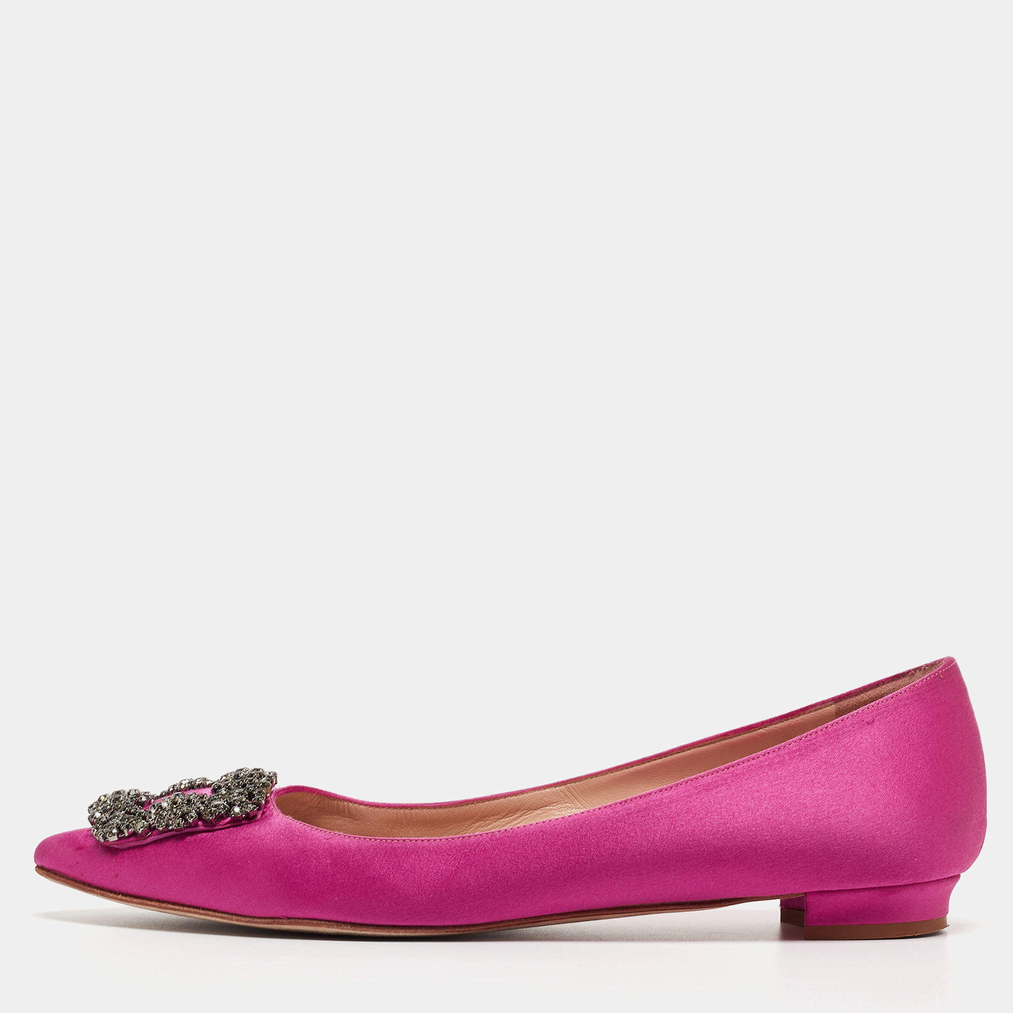 Pre Owned Manolo Blahnik Pink Satin Hangisi Ballet Flats Size 38.5