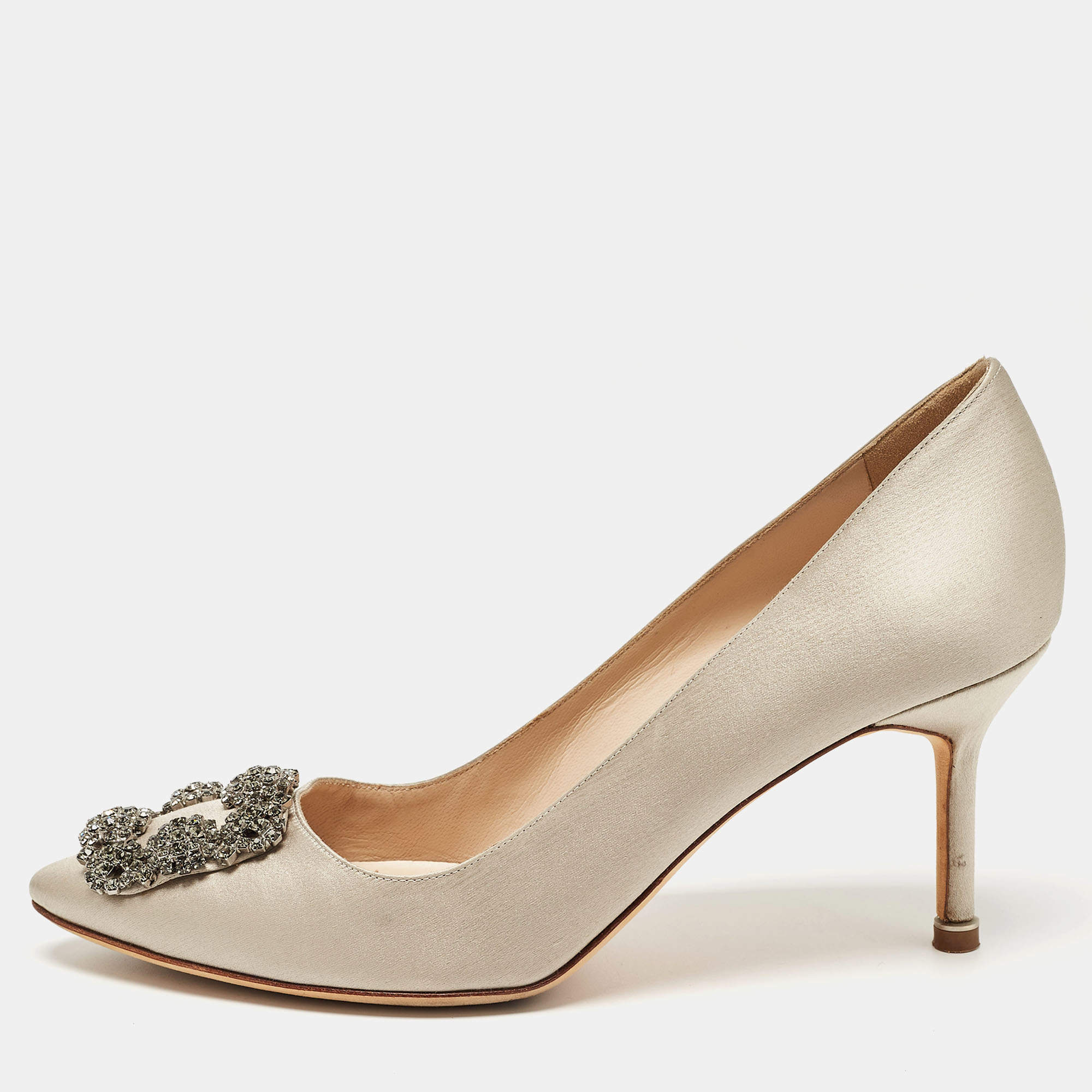Pre Owned Manolo Blahnik Grey Satin Hangisi Pumps Size 39