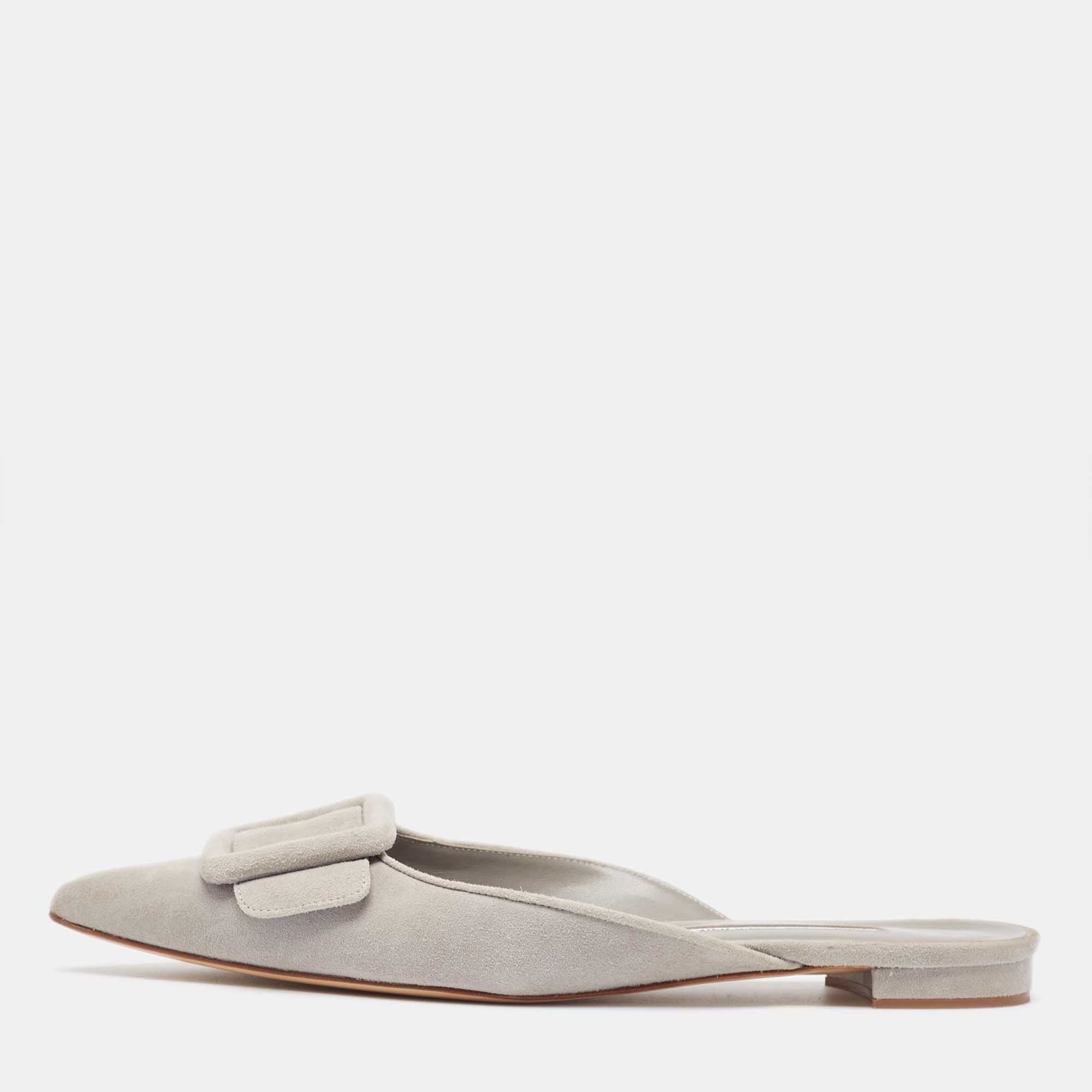 Manolo Blahnik Grey Suede Maysale Mules Size 39.5 