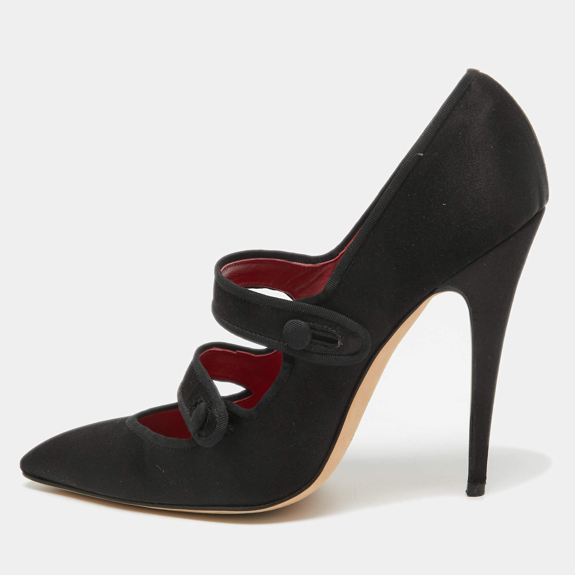 Pre Owned Manolo Blahnik Black Satin Double Strap Mary Jane Pumps Size 36.5