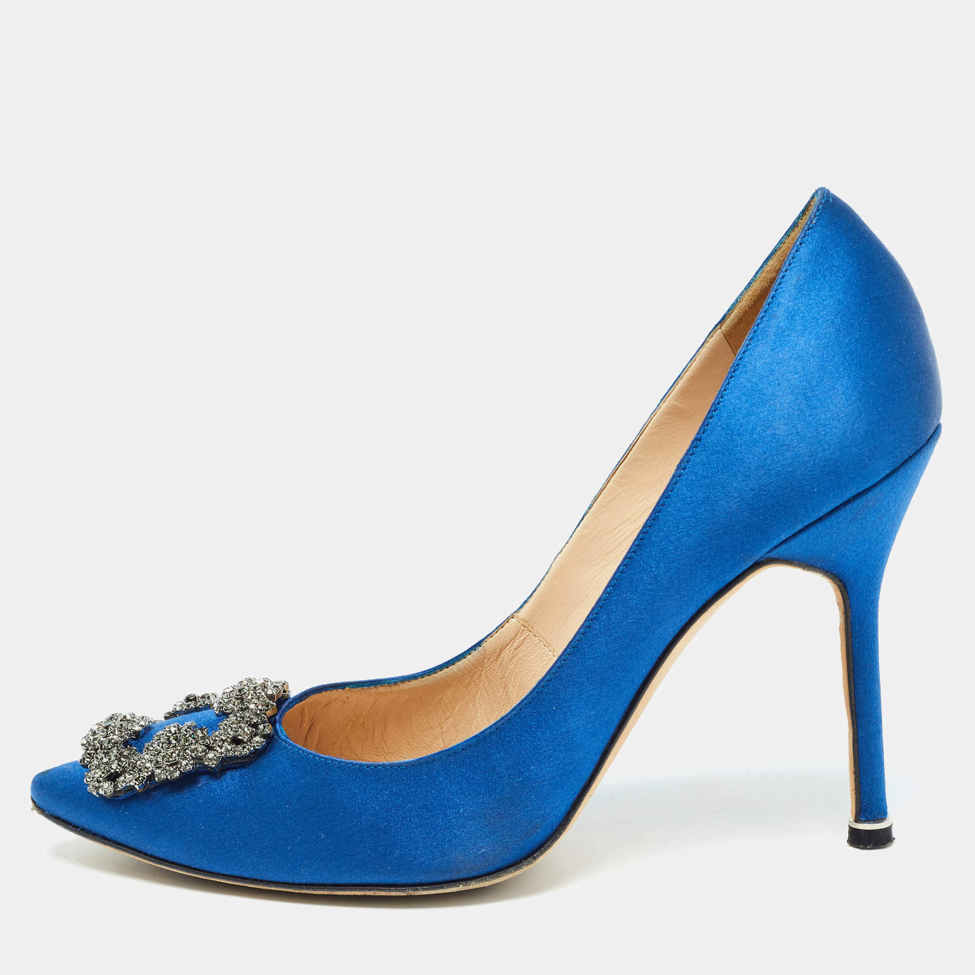 Pre Owned Manolo Blahnik Blue Satin Hangisi Pumps Size 38.5