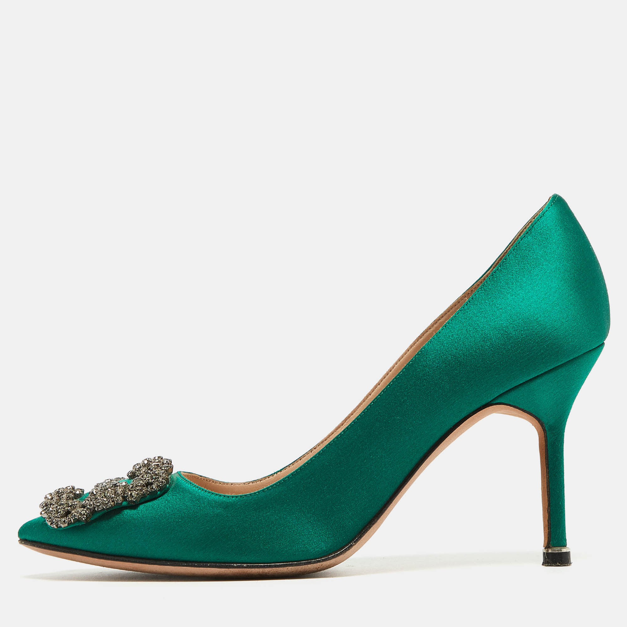 Manolo Blahnik Green Satin Hangisi Crystal Embellished Pumps Size 37