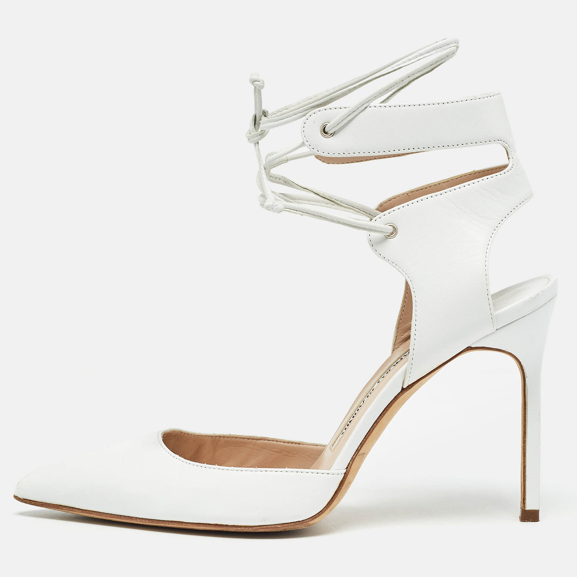 Pre Owned Manolo Blahnik White Leather Lara Tie Pumps Size 37