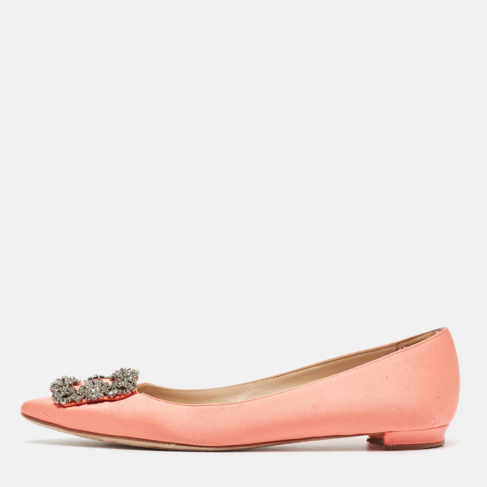 Pre Owned Manolo Blahnik Pink Satin Hangisi Ballet Flats Size 37.5
