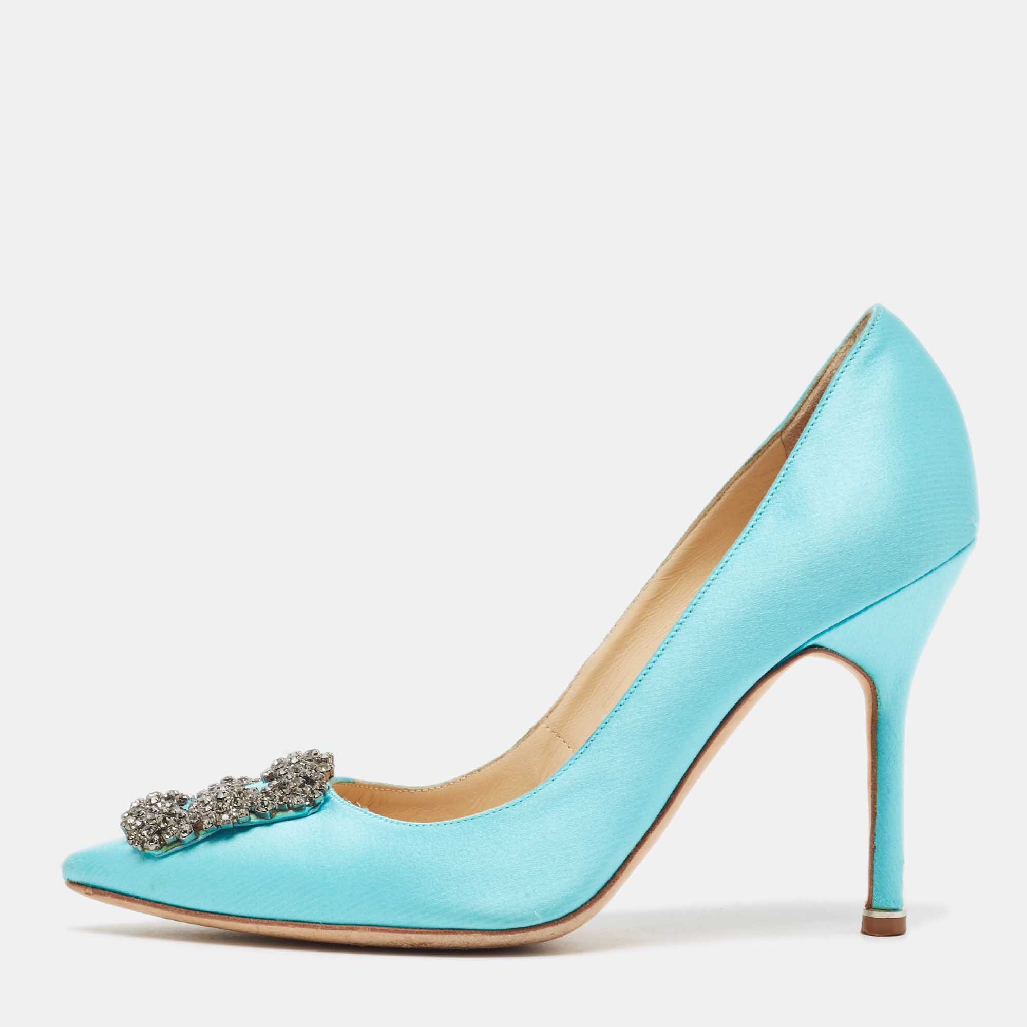 Pre Owned Manolo Blahnik Blue Satin Hangisi Pumps Size 37