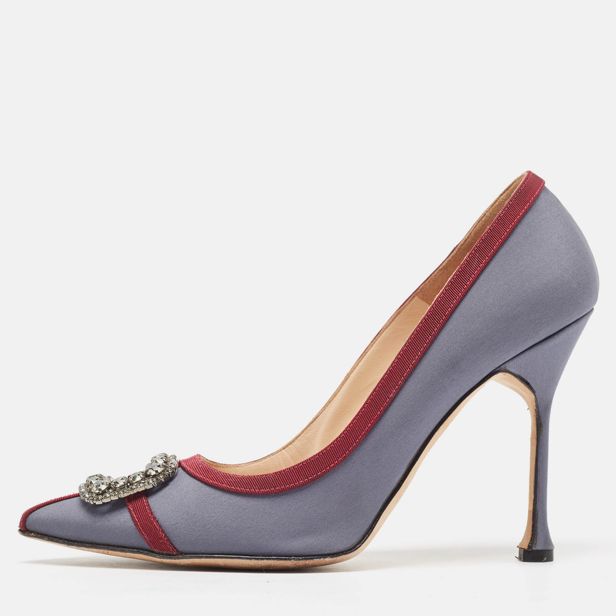 مملوكة مسبقًا Manolo Blahnik Grey/Burgundy Satin and Canvas Gotrian Pumps Size 39