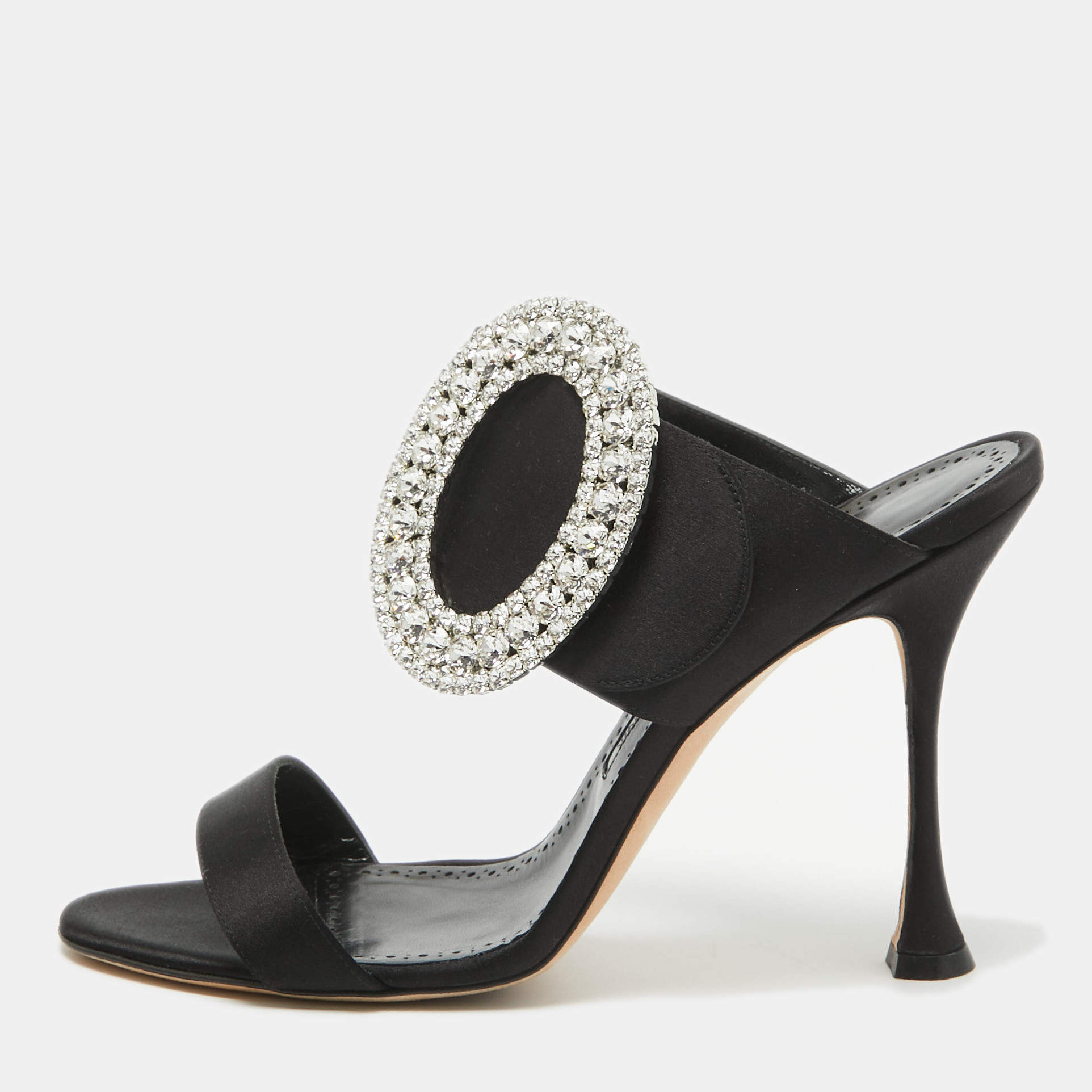 Manolo Blahnik Black Satin Fibiona Slide Sandals Size 40