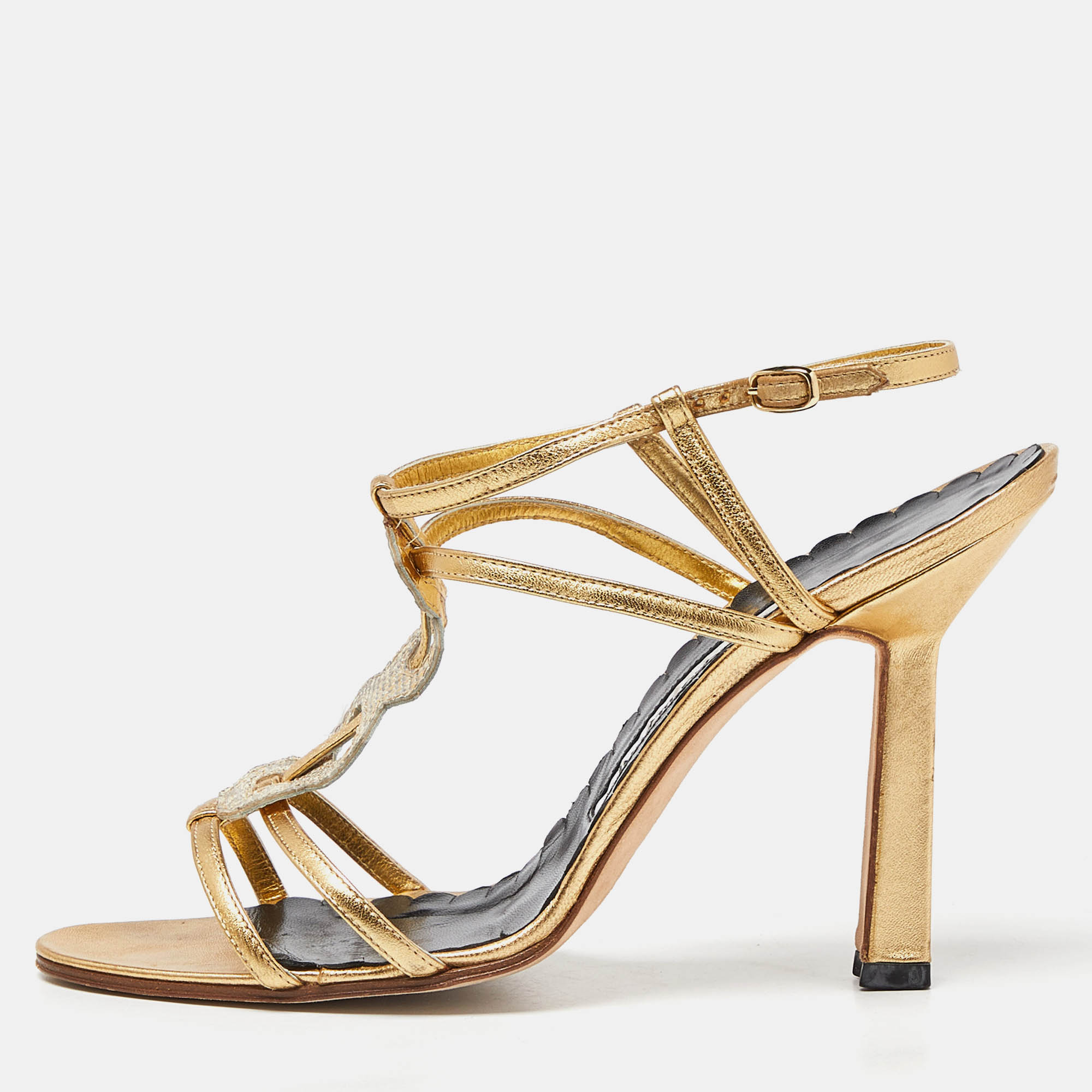 Manolo Blahnik Gold Embossed Leather Ankle Strap Sandals Size 39.5