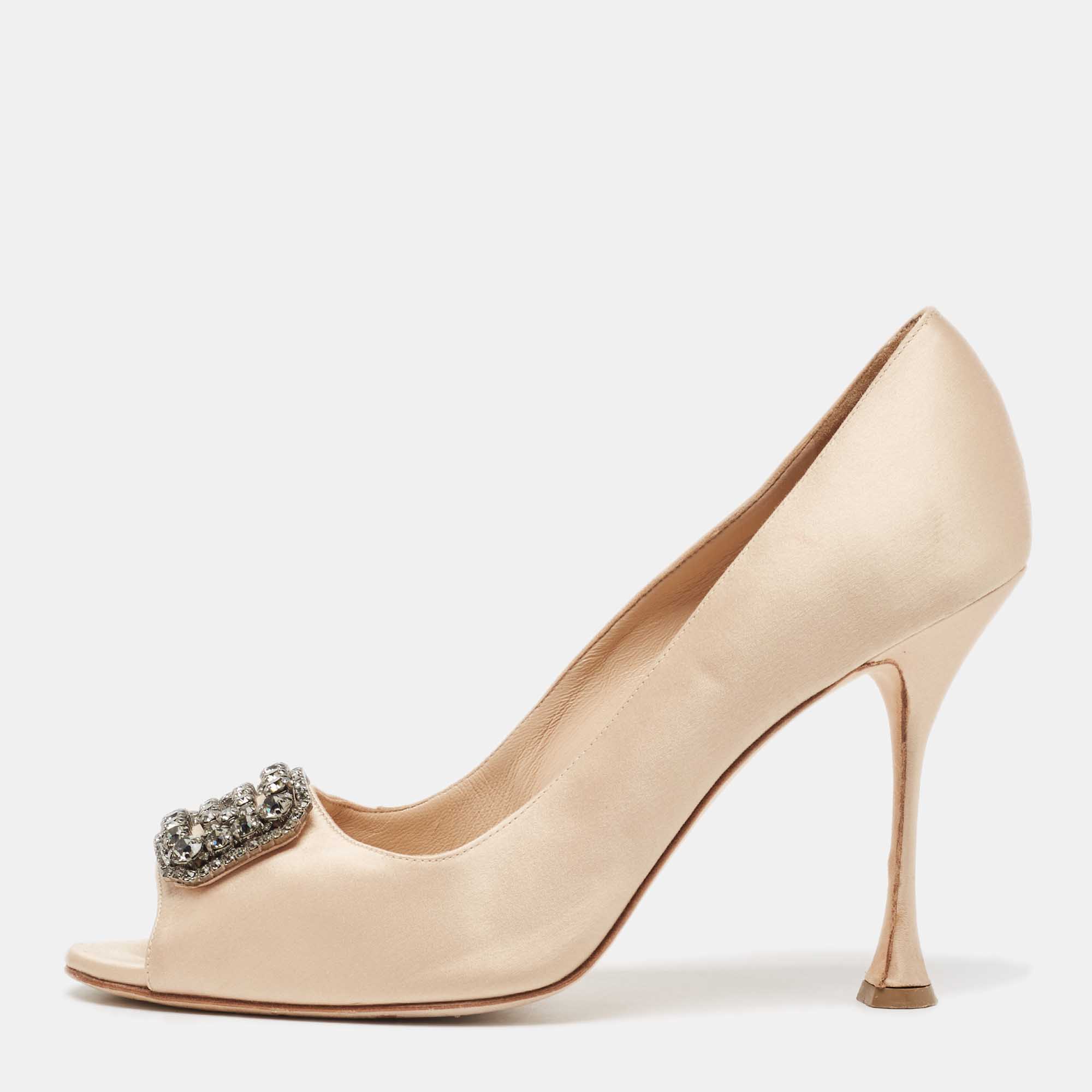 Pre Owned Manolo Blahnik Beige Satin Crystal Embellished Peep Toe Pumps Size 41