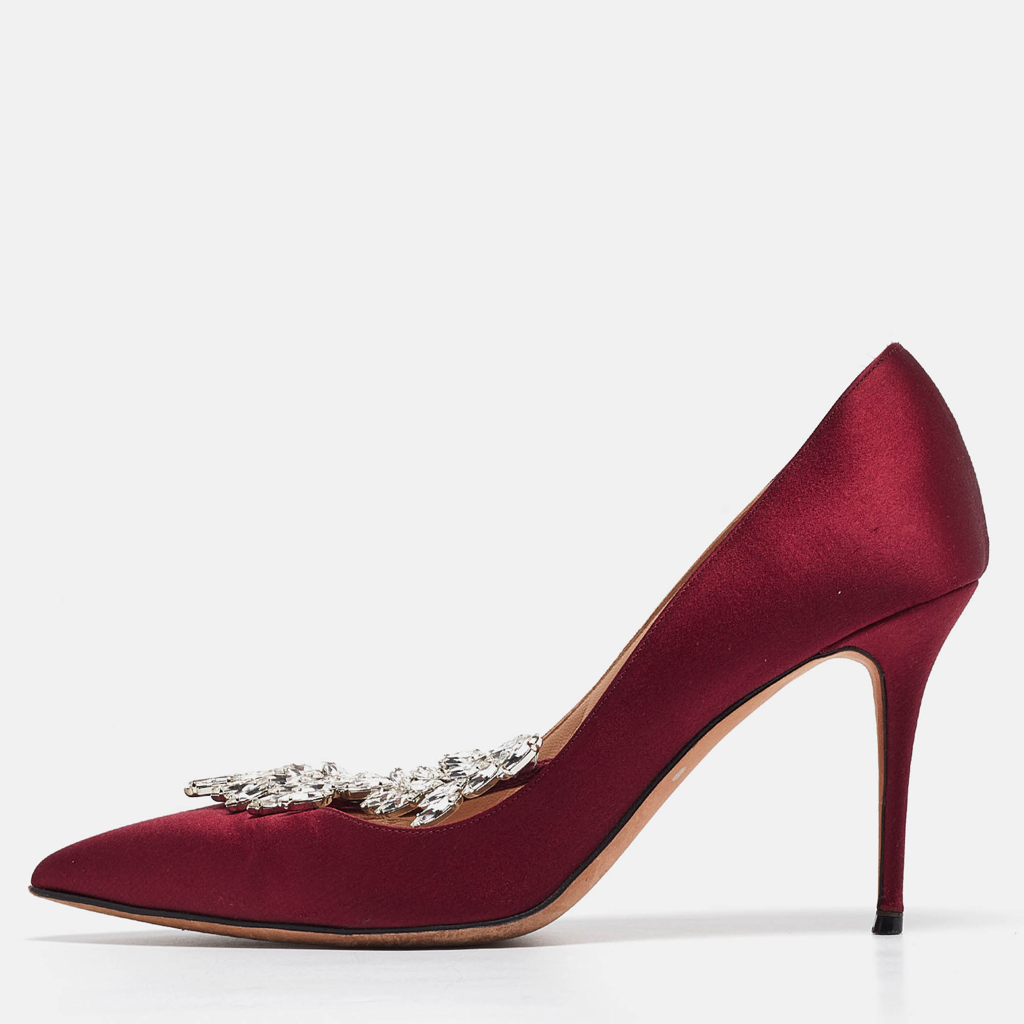 Pre Owned Manolo Blahnik Burgundy Satin Nadira Pumps Size 39