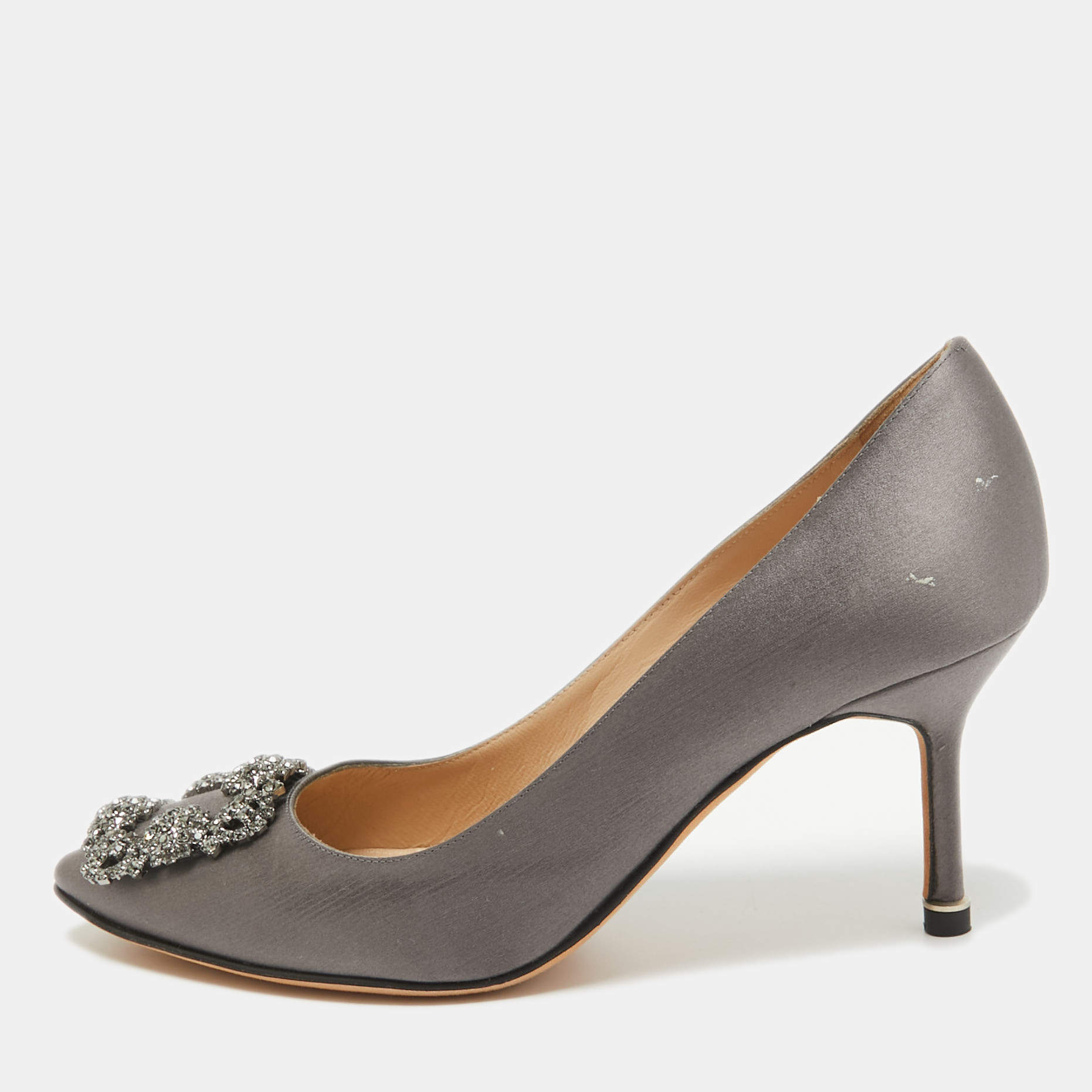 Manolo Blahnik Grey Satin Hangisi Pumps Size 37.5