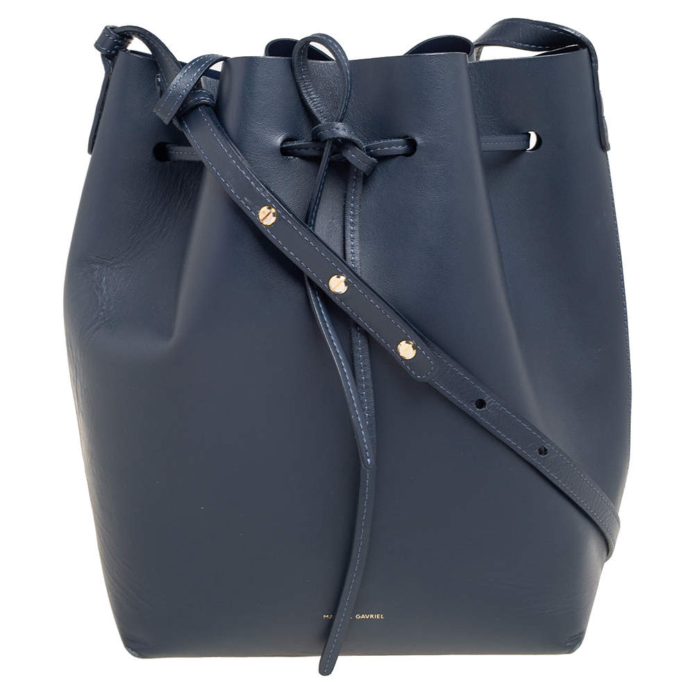 Pre Owned Mansur Gavriel Navy Blue Leather Drawstring Bucket Bag