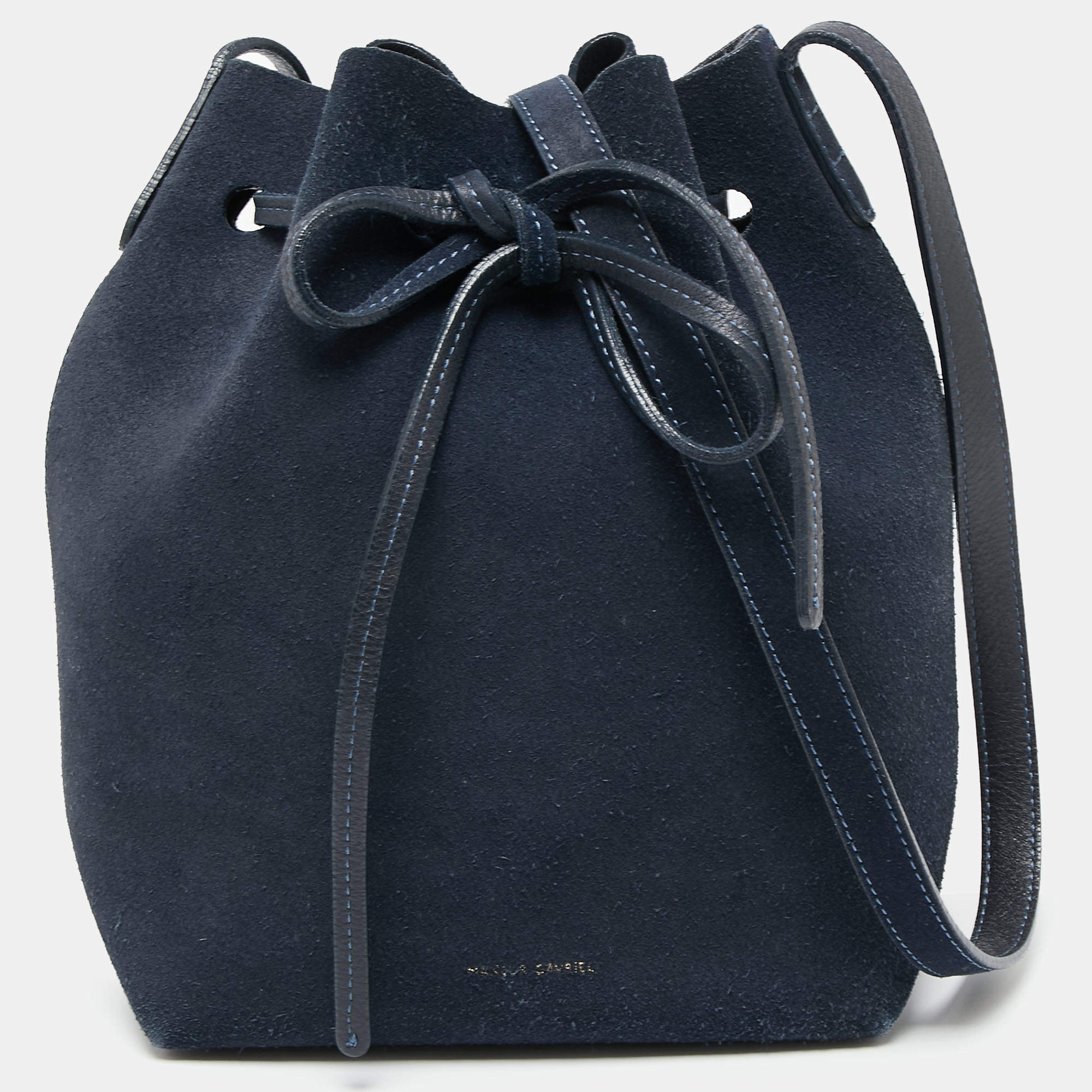 Pre Owned Mansur Gavriel Navy Blue Suede and Leather Mini Bucket Bag