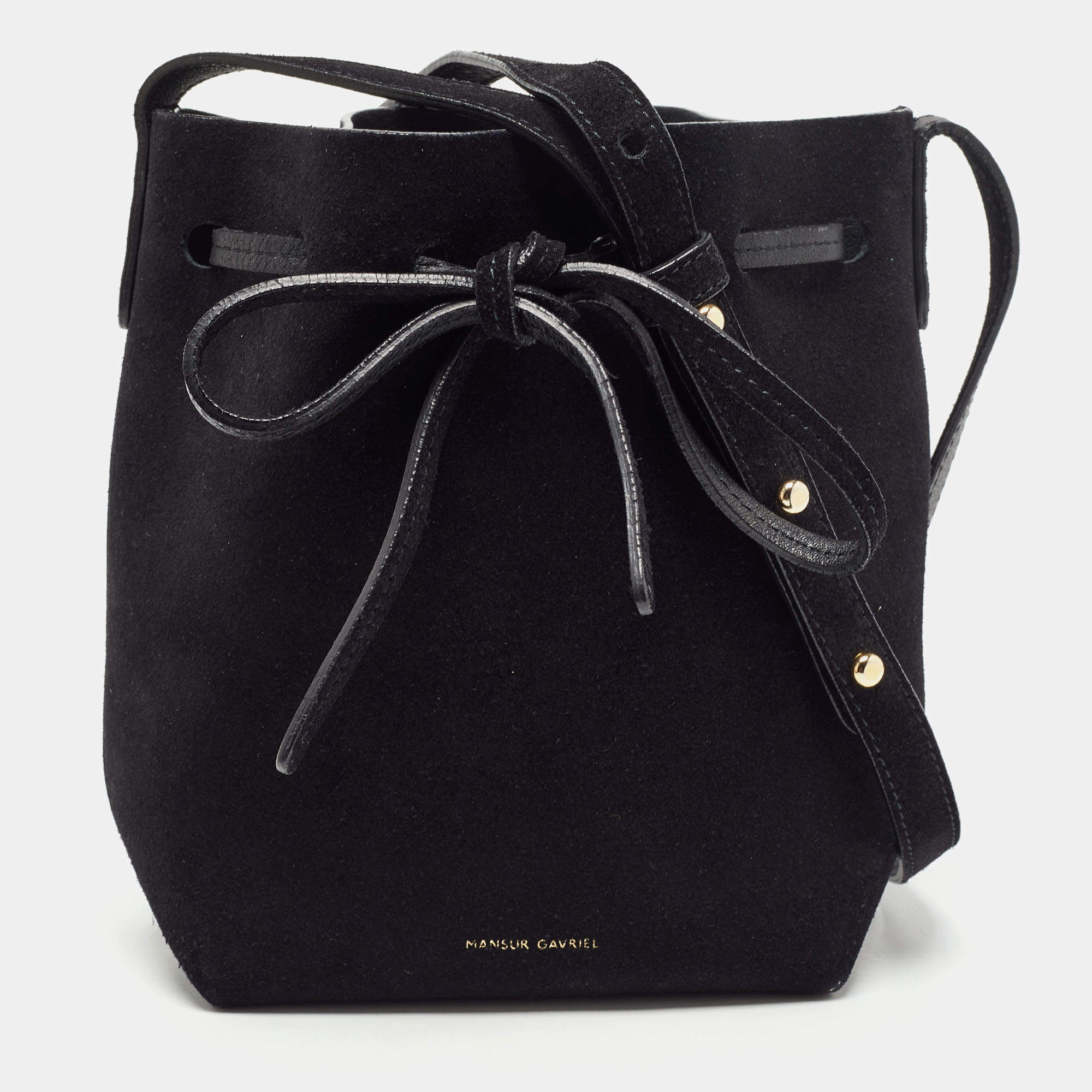 Mansur Gavriel Black Suede and Leather Bucket Drawstring Bag
