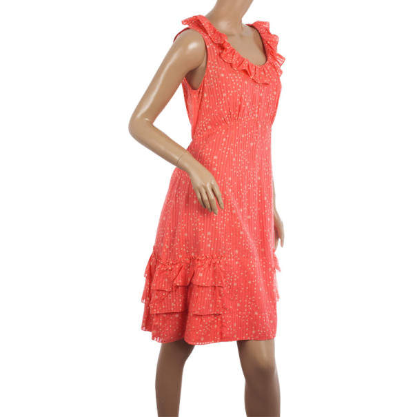 Pre Owned Marc by Marc Jacobs Brightest Coral Cosmo Print Cotton-Silk Ruffle Dress M