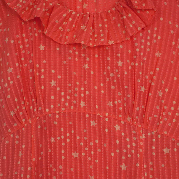 Pre Owned Marc by Marc Jacobs Brightest Coral Cosmo Print Cotton-Silk Ruffle Dress M