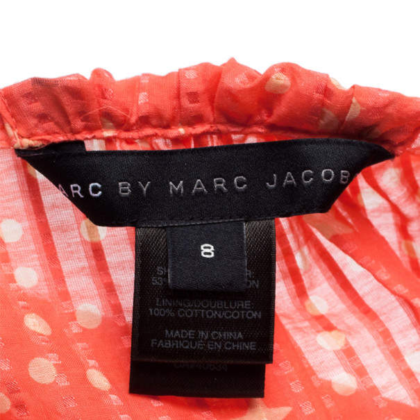 Pre Owned Marc by Marc Jacobs Brightest Coral Cosmo Print Cotton-Silk Ruffle Dress M