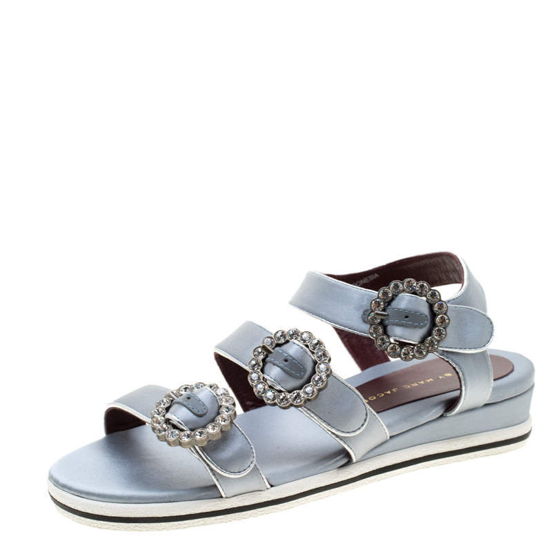 Pre Owned Marc By Marc Jacobs Grey Satin Crystal Embellished Buckle Flat Strappy Sandals Size 36