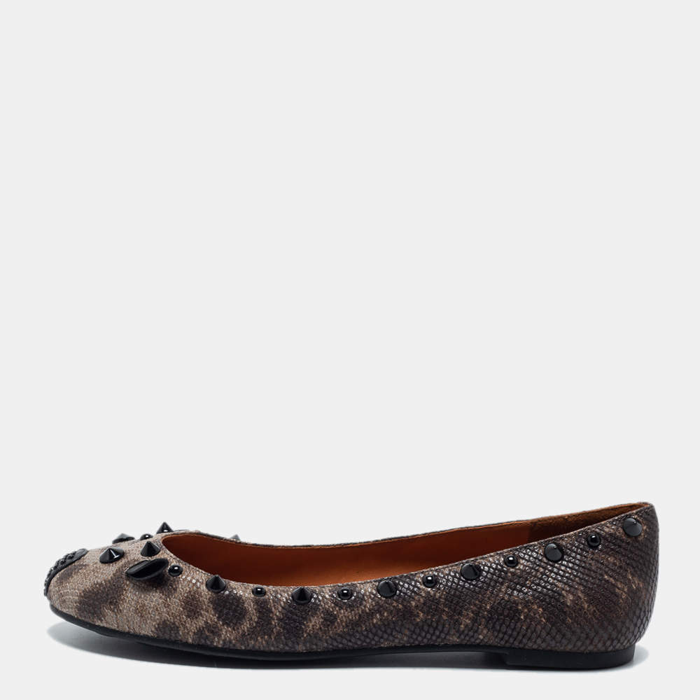 Pre Owned Marc by Marc Jacobs Grey Camo Embossed Leather Spike Trim Mouse Ballet Flats Size 36.5
