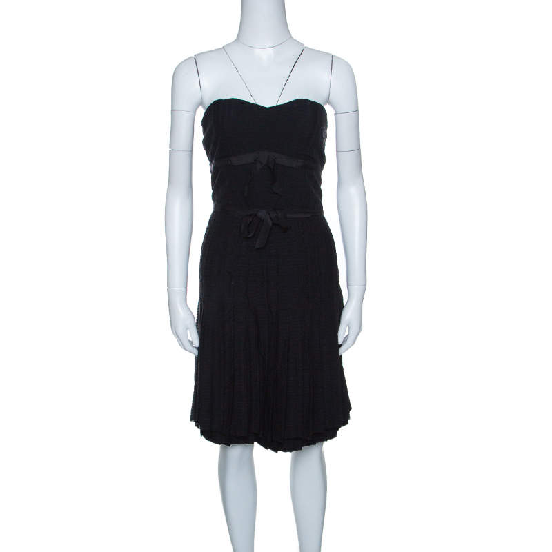 فستان مارك باي مارك جاكوبس حرير أسود منقوش بفيونكة مزينة بلا حمالات M