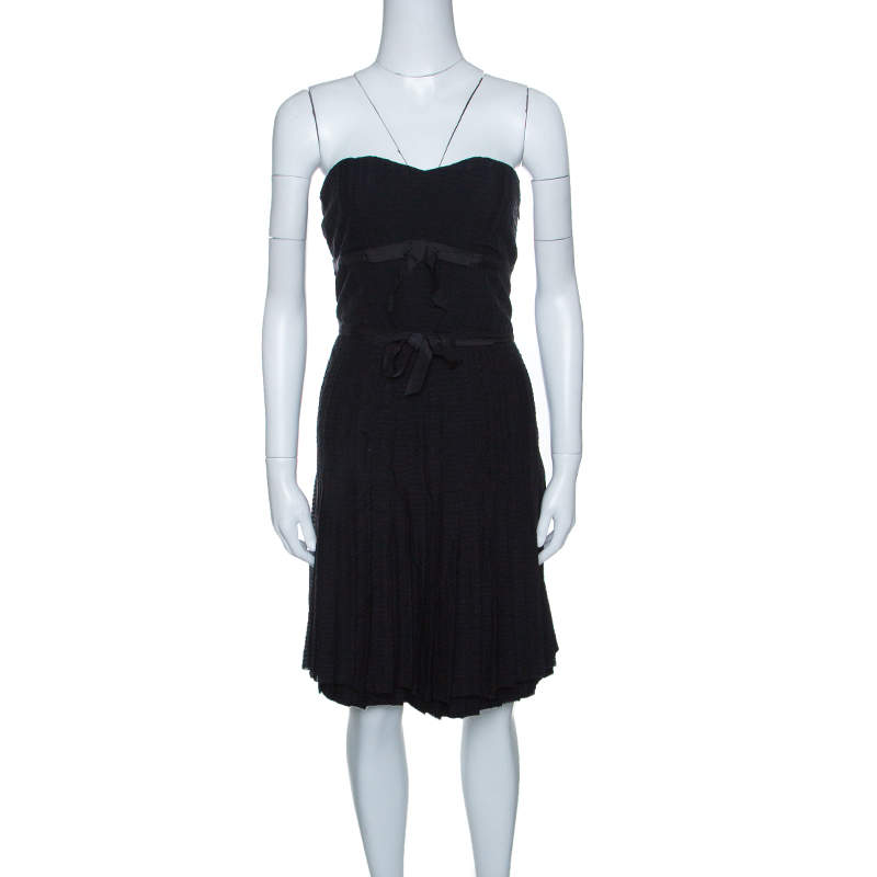 Pre Owned Marc by Marc Jacobs Black Textured Silk Bow Detail Pleated Strapless Dress M
