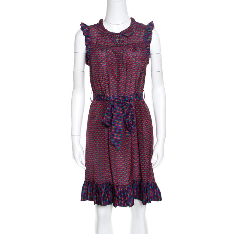 Marc by Marc Jacobs Multicolor Printed Silk Ruffled Trim Belted Dress XS