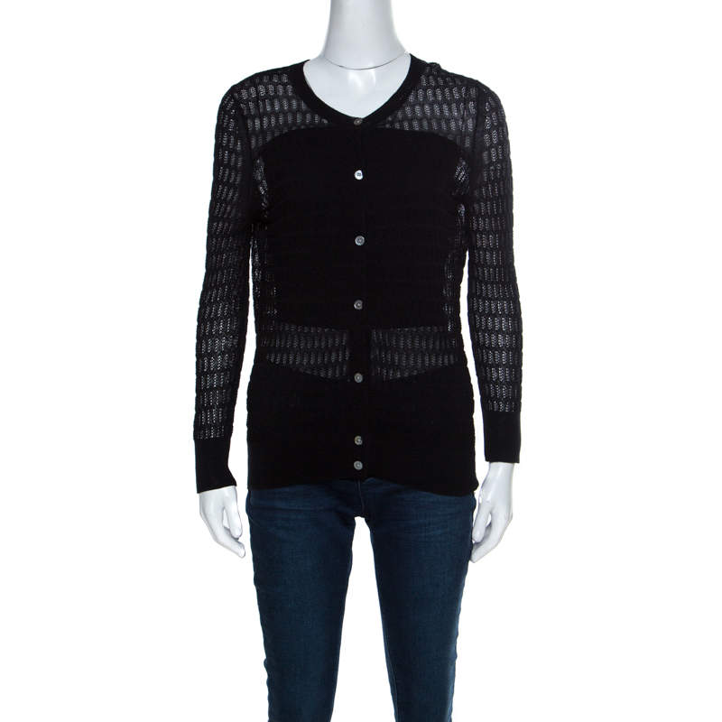 Marc by Marc Jacobs Black Perforated Knit Cotton Blend Button Front Cardigan S