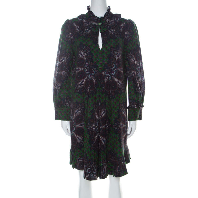 Pre Owned Marc by Marc Jacobs Green Wool & Silk Blend Peacock Paisley Print Short Dress L