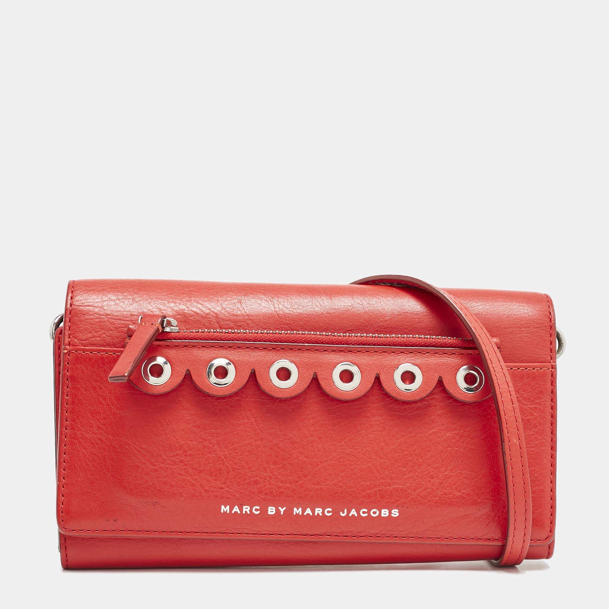 Marc by Marc Jacobs Red Leather Eyelet Flap Wallet On Chain