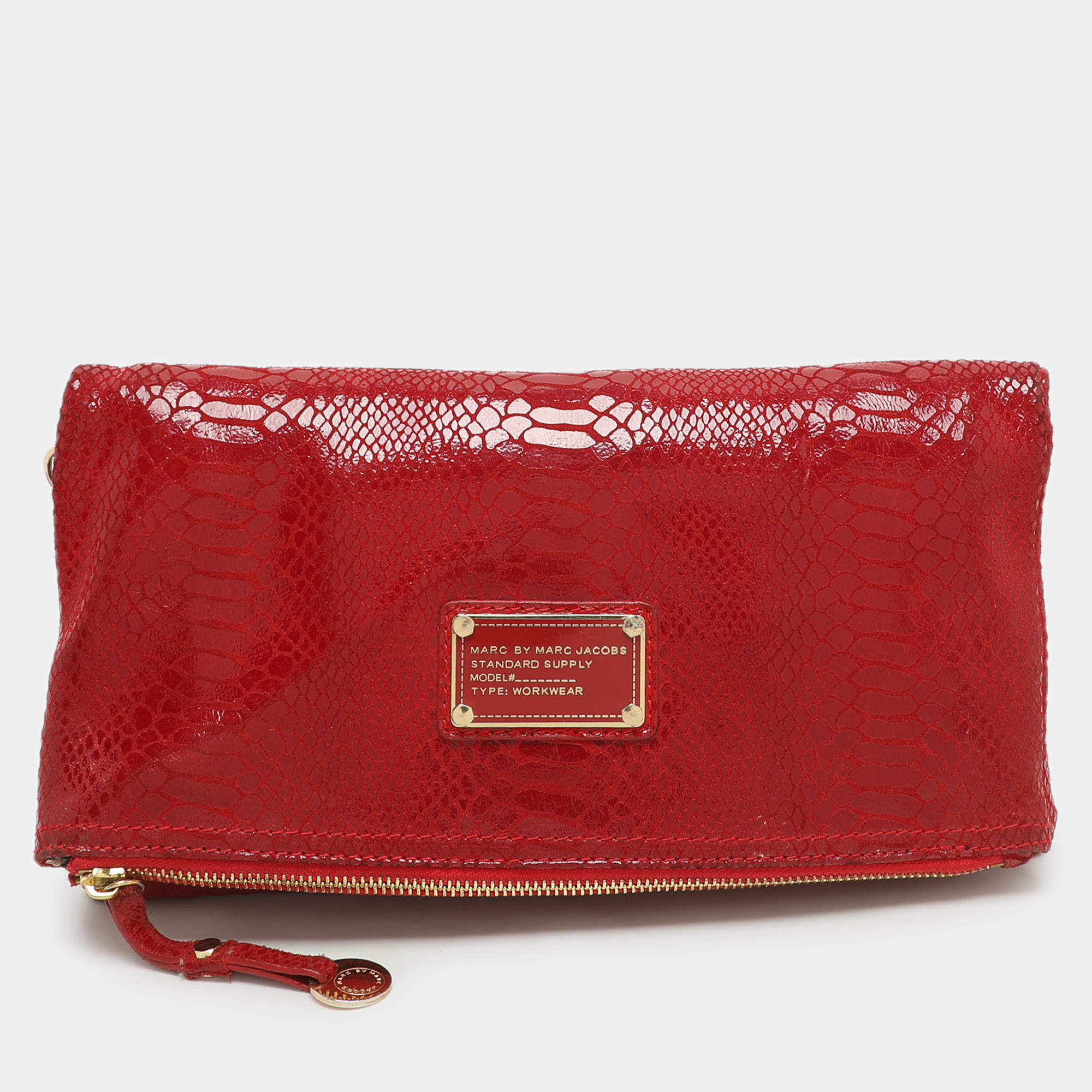 Pre Owned Marc by Marc Jacobs Red Python Embossed Leather Too Hot To Party Foldover Clutch