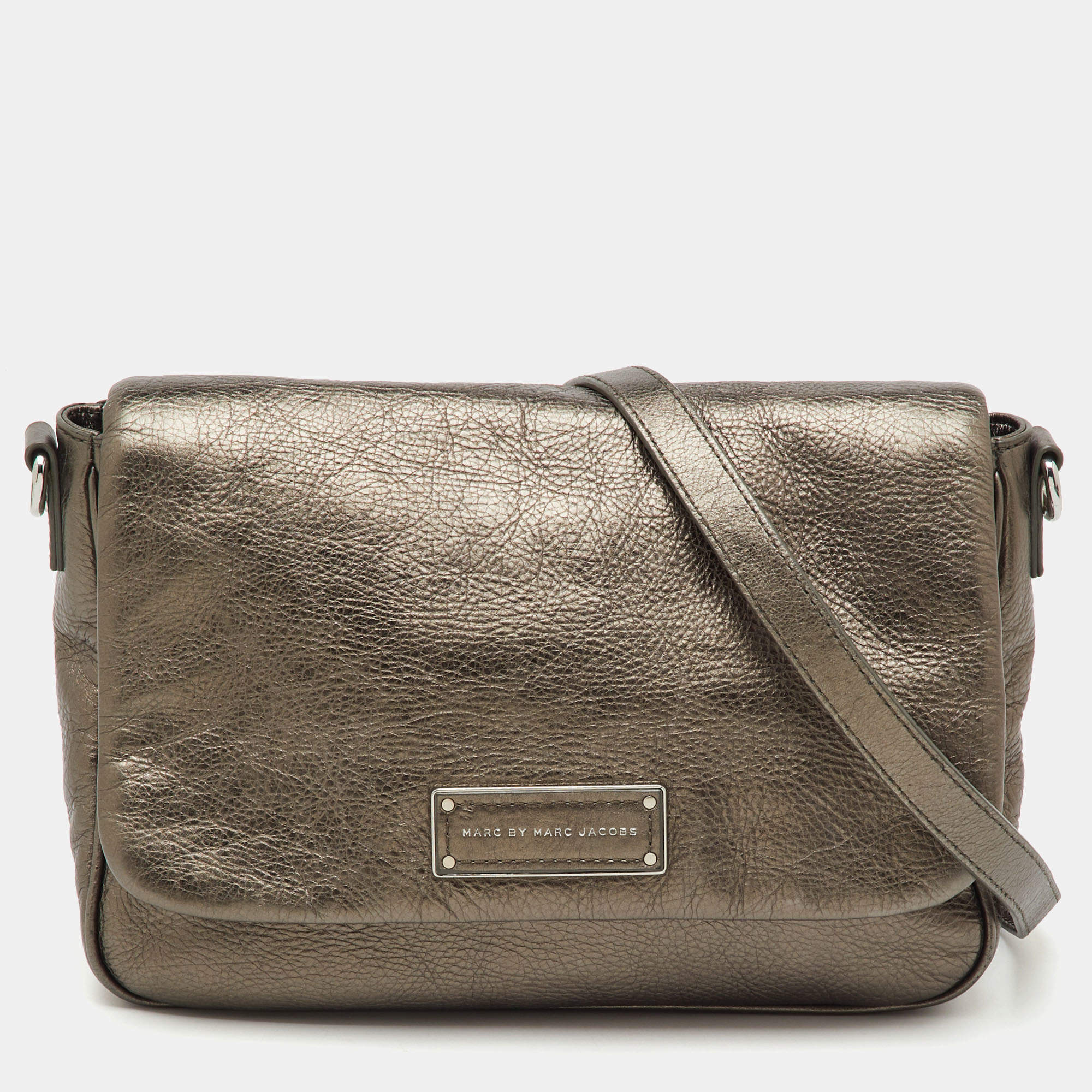 Pre Owned Marc by Marc Jacobs Metallic Grey Leather Flap Crossbody Bag