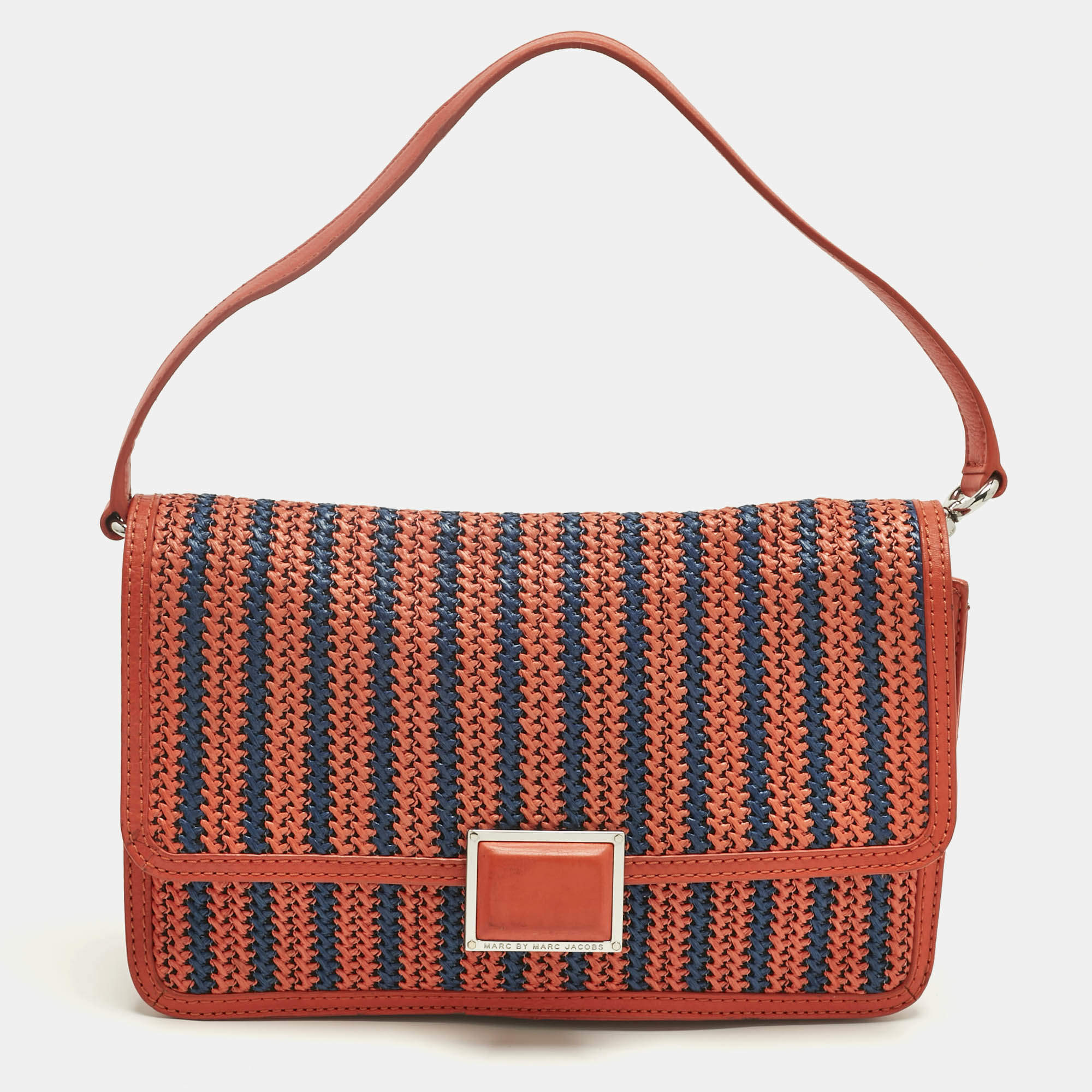 Pre Owned Marc by Marc Jacobs Red/Blue Woven Straw and Leather Flap Shoulder Bag
