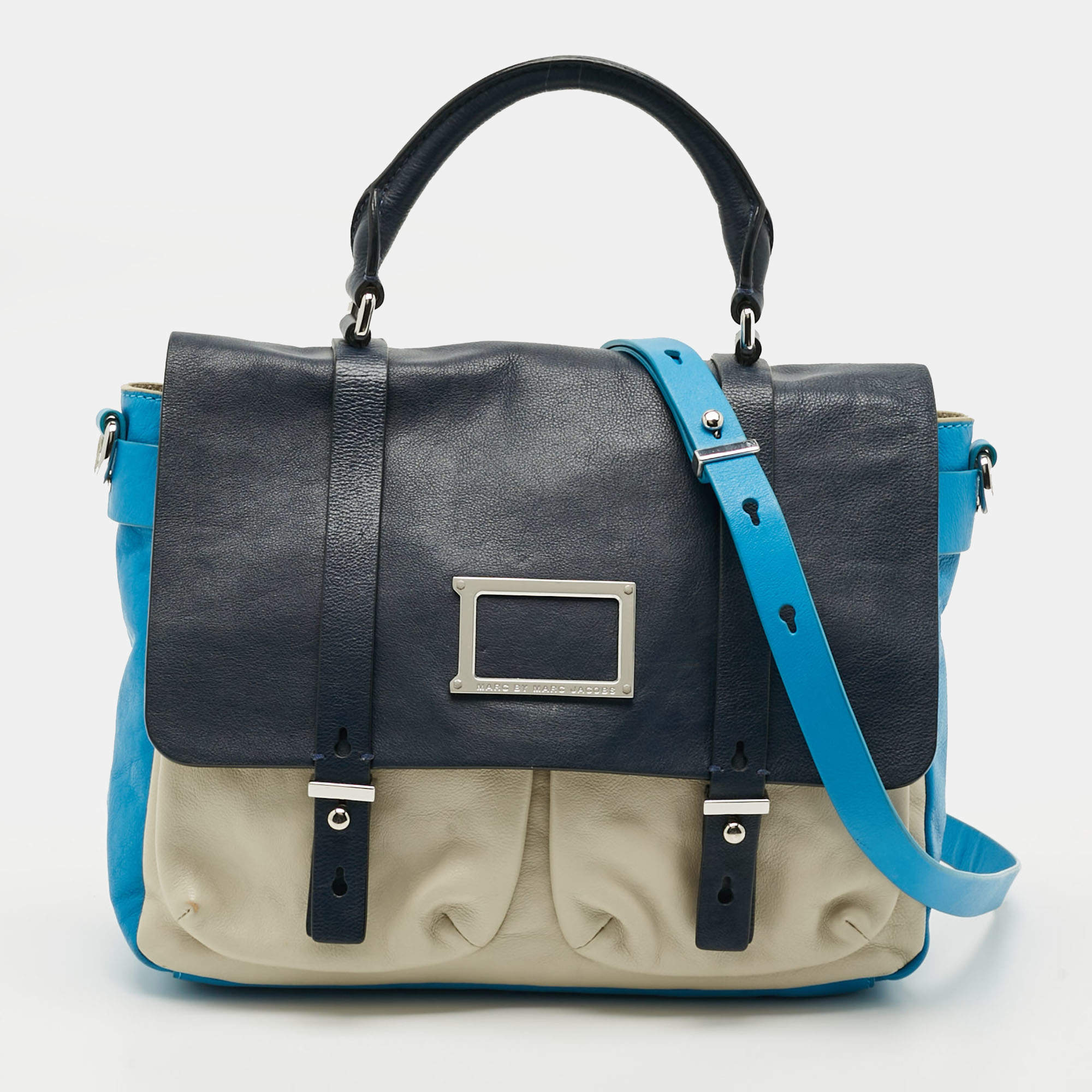 Pre Owned Marc by Marc Jacobs Werdie Blue/White Leather Top Handle Bag