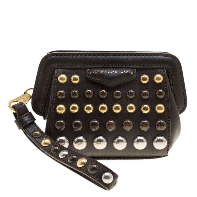 Pre Owned Marc by Marc Jacobs Dark Brown Leather Studded Thunderdome Clutch 